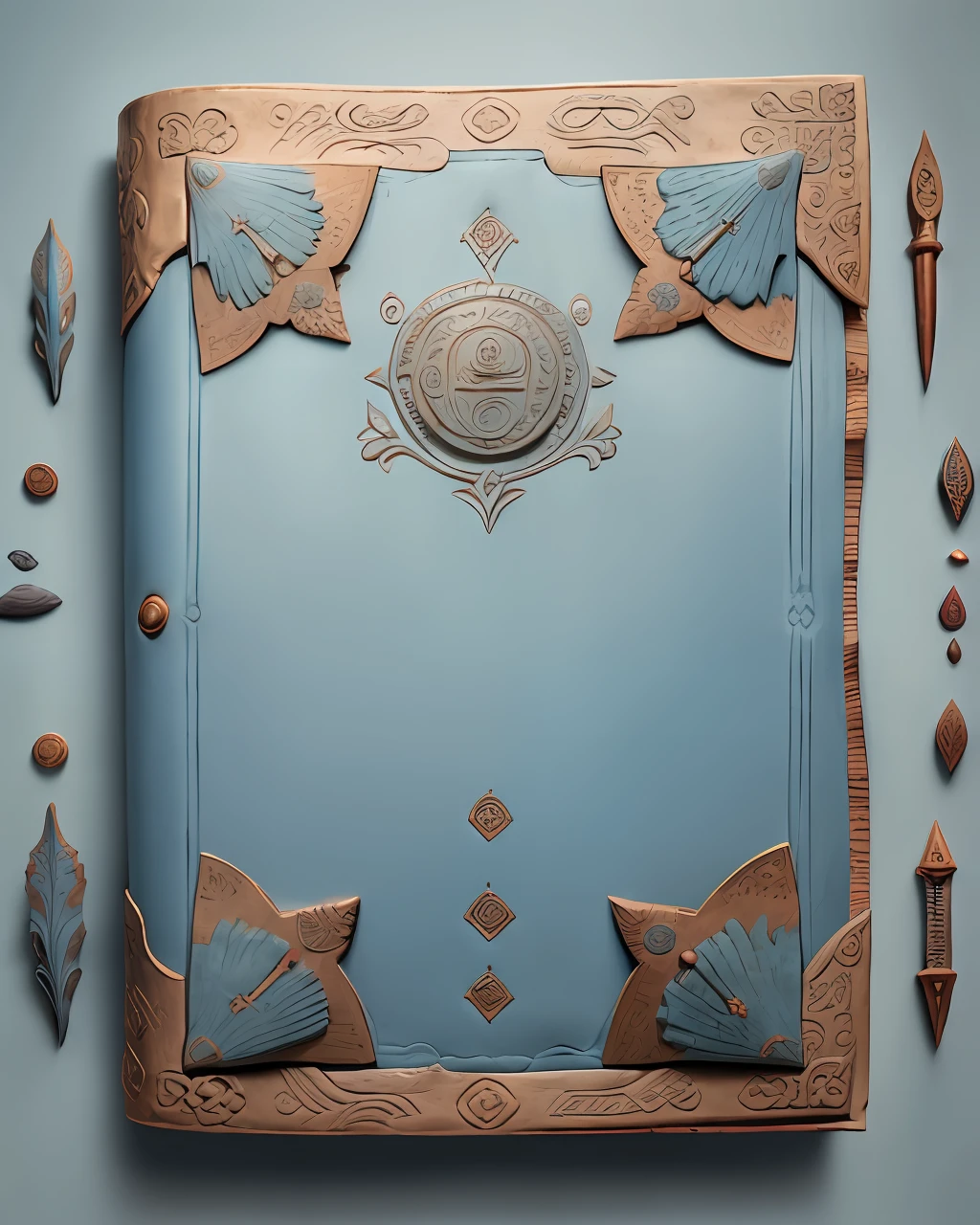 the front cover of an ancient medieval English codex, (((bestiary))), old pale blue leather, copper furniture, tooling, cartouche with an illustration of an exotic marine animal, view from above, centred, extremely high details, scruffy:1.5, rough:1.5, stained:1.5, muted natural colours:1.5