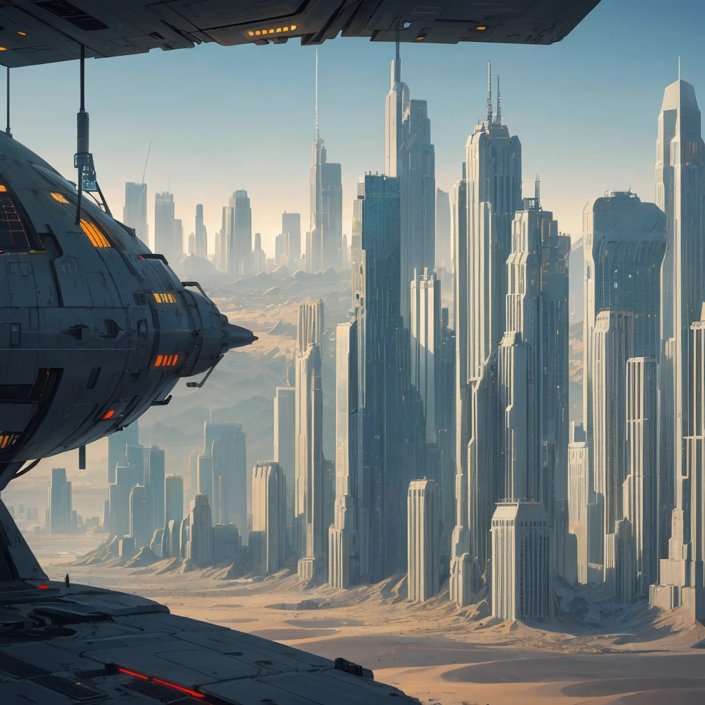 Cityscape of futuristic sci-fi city, science fiction, surreal, high resolution, city, dunes, post-nuclear war, 2200, interstellar colonization, post-interstellar war, high-tech buildings, dense buildings, bustling crowd