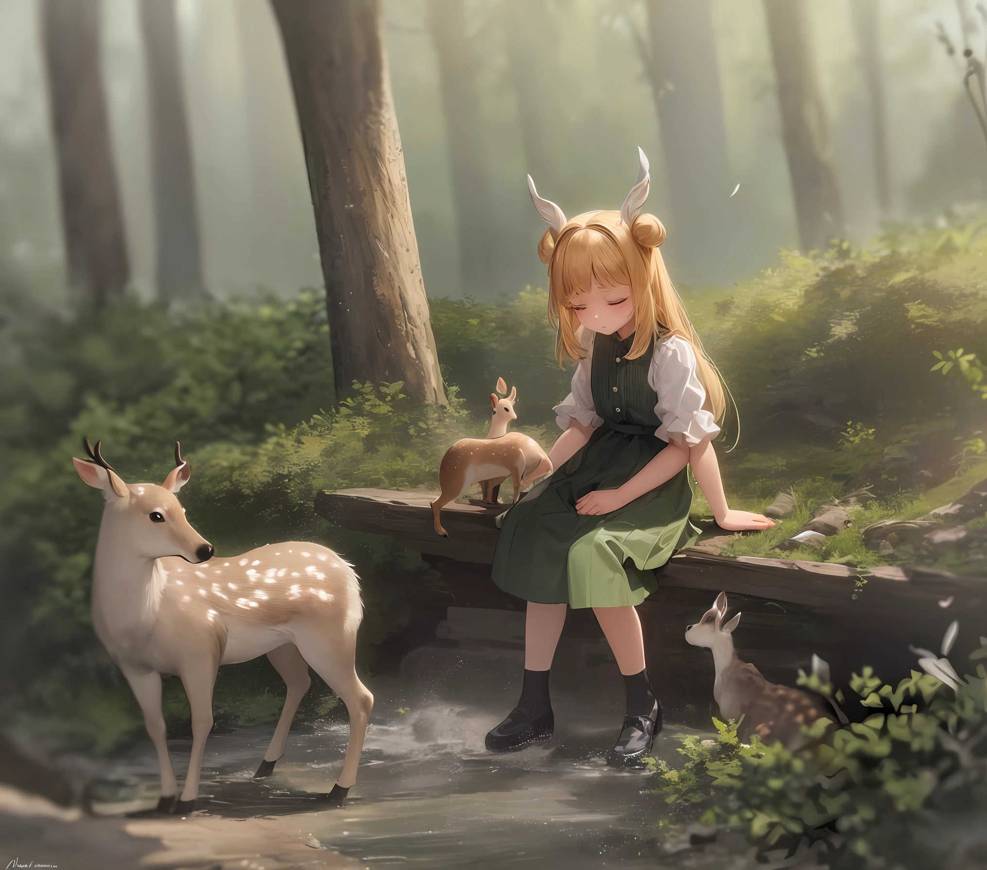 In the birch forest, there is a beautiful sika deer. Its antlers rose high, its body was covered with snow-white fluff, and its plump body shone with golden light in the sunlight. The  girl ran over excitedly when she saw the sika deer. She gently stretched out her hand and caressed the deer&#39;s fur, while the deer closed his eyes tolerantly, enjoying the caress of the little The trees in the birch forest are tall and straight, with straight trunks and lush branches and leaves. The sunlight passed through the gaps in the leaves, casting dappled light on the sika deer and the little girl.quiet environment, the little girl and th lean on each other and accompany each other. The birds in the distance sang leisurely, as if singing for them. This is an extremely beautiful picture, which makes people intoxicated. The friendship between the sika deer and the little girl brought us wand emotion. The picture seems to span the edge of time, depicting a world of eternal harmony.