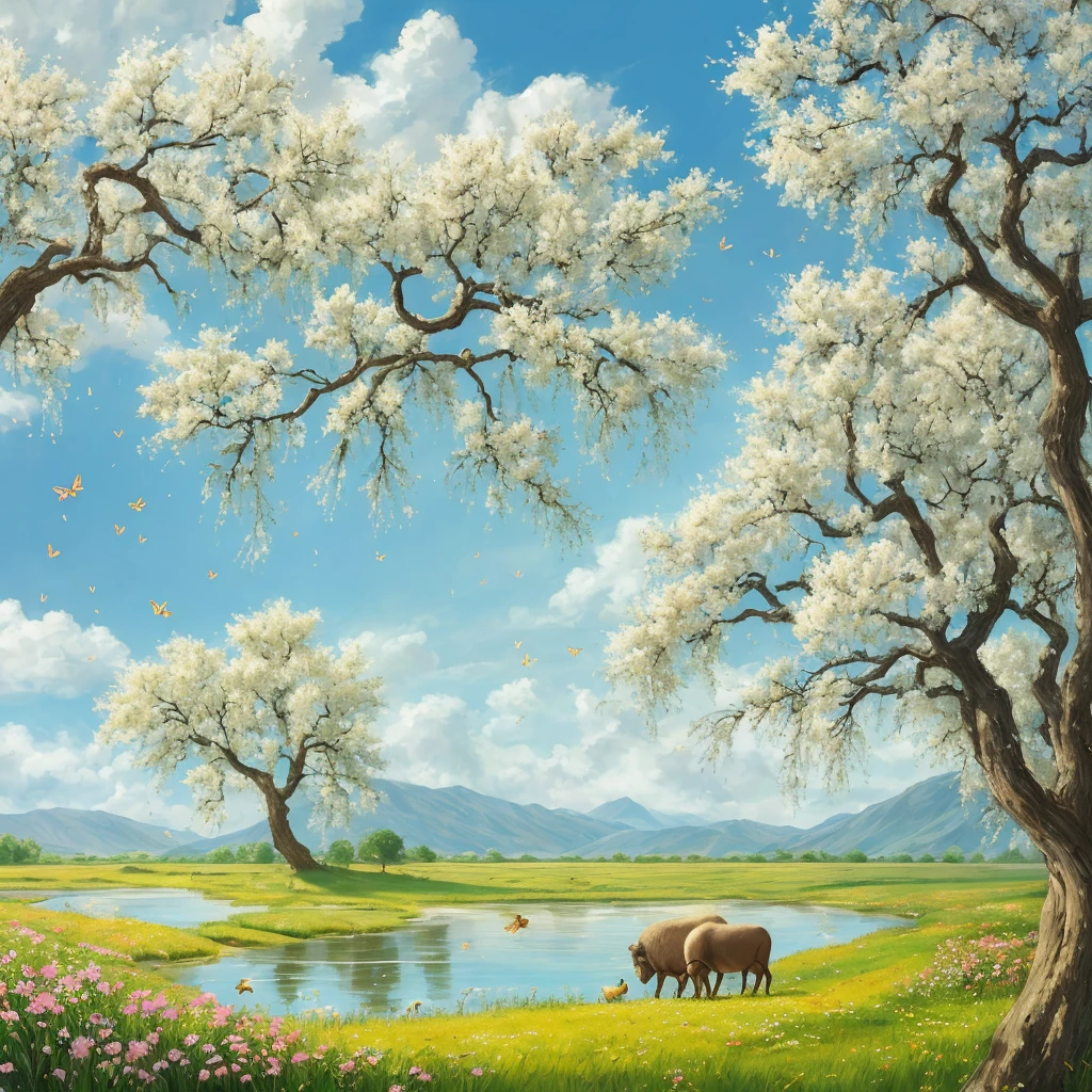 A shepherd boy rides on the back of a buffalo and plays the flute. In the center of the background is a green field, with ears of wheat swaying in the wind and straws tanned golden. In front of the field is a clear brook with gurgling water and small ripples when the breeze blows by, and the green grass by the river dances with the wind. On the left side of the field, there is a tall willow tree with branches hanging down, brushing gently across the water. Under the willow tree, a few birds were singing happily, and a red butterfly was dancing among the flowers. On the right side of the field, there is a fruit forest full of flowers, pink, white and pale yellow flowers compete on the branches, attracting bees and butterflies. The sky is blue, with occasional fluffy white clouds drifting by. The scorching sun hangs high, but when the breeze blows, it brings a touch of coolness and gives people a comfortable feeling. This is the Lixia picture I drew for you, I hope you like it! authentic style,