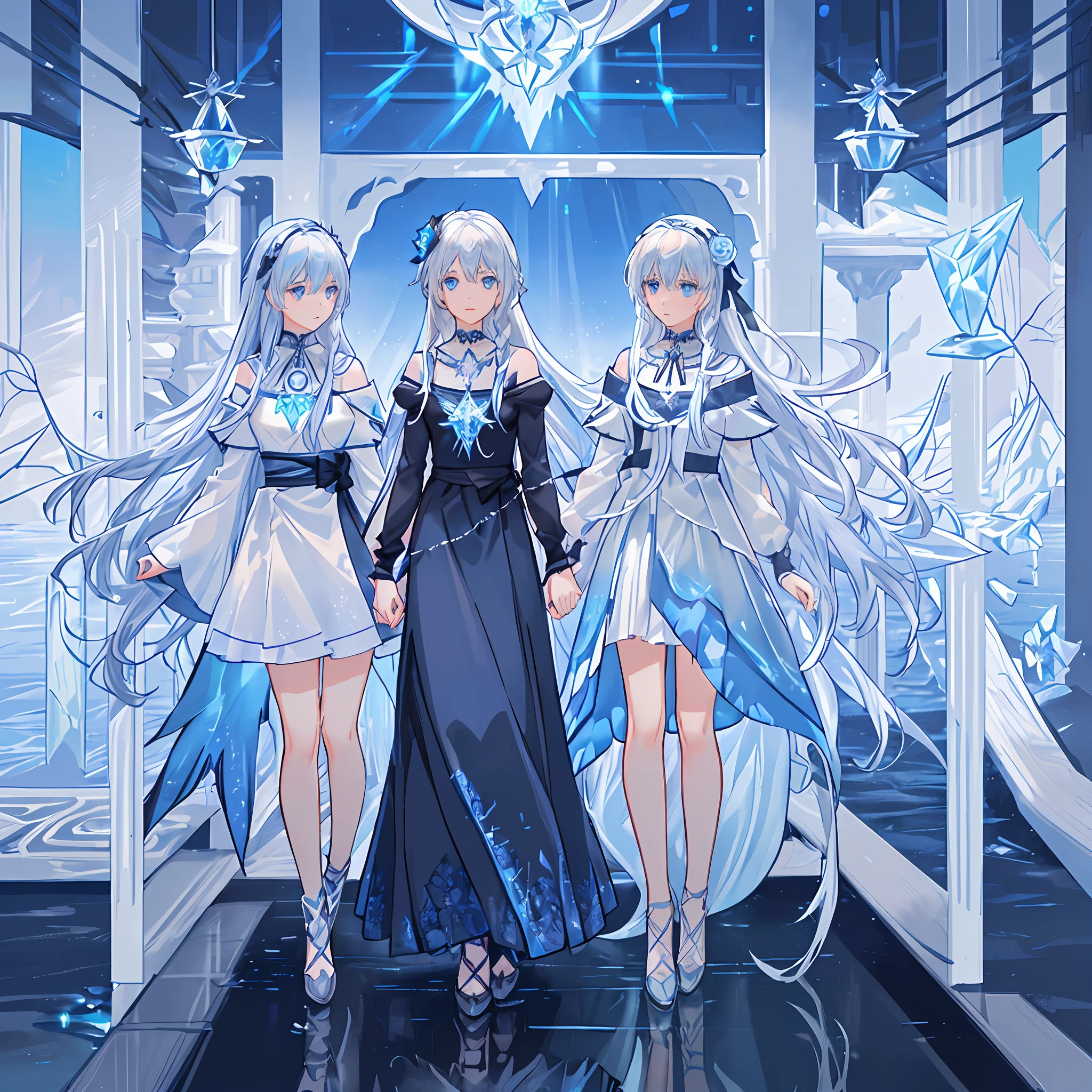 Interweaving of light and color, vibrant illustration, masterpiece, best quality, long hair, blue eyes, girl, silver long hair, ice blue eyes, black and blue dress, slightly gorgeous and rebellious, full body , blue rose hair accessory, blue rose pattern, crystal necklace, scenic lake, calm lake, frozen, frozen, fantasy, ribbon