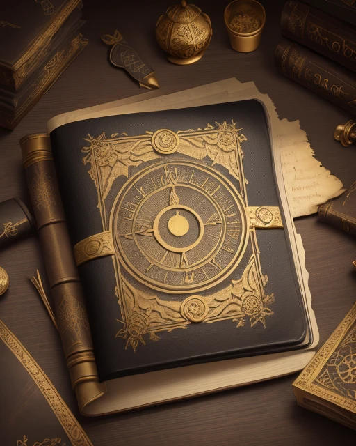 the front cover of an ancient medieval English grimoire, old and damaged black leather, gold furniture, tooling, cartouche with a symbol of the moon, view from above, centred, extremely high details, scruffy:1.5, rough:1.5, stained:1.5, bright natural colours:1.5, sinister, dark, lustrous gold