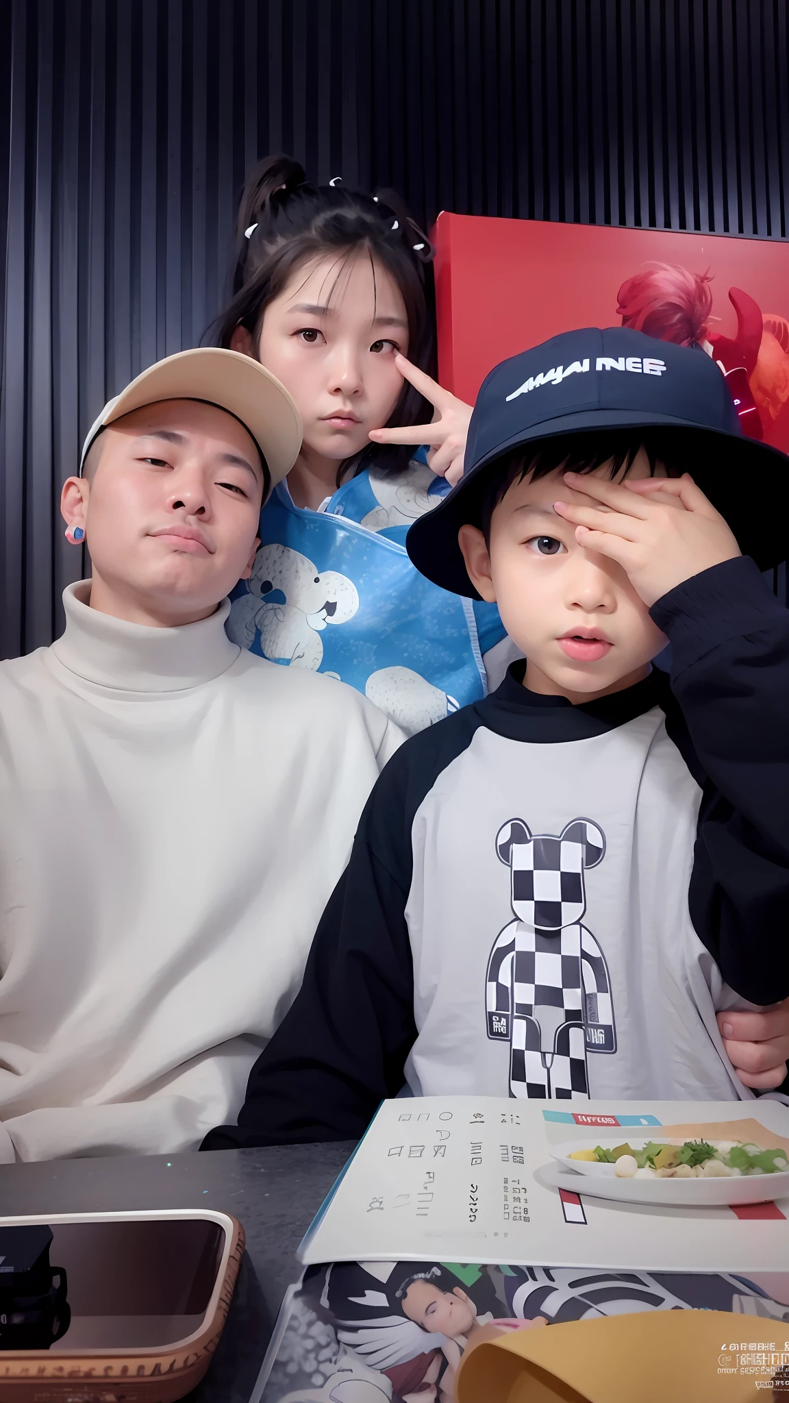 Three people sitting at a table, holding a magazine, hypebeast, &amp; jeehyung lee &amp; wlop, profile pic, boys, kid, complex!!, 🔞🤡, children, with a kid, zmonzheng, inspired by Xi Gang, yanjun chengt, lo fi, children, by Kanbun Master