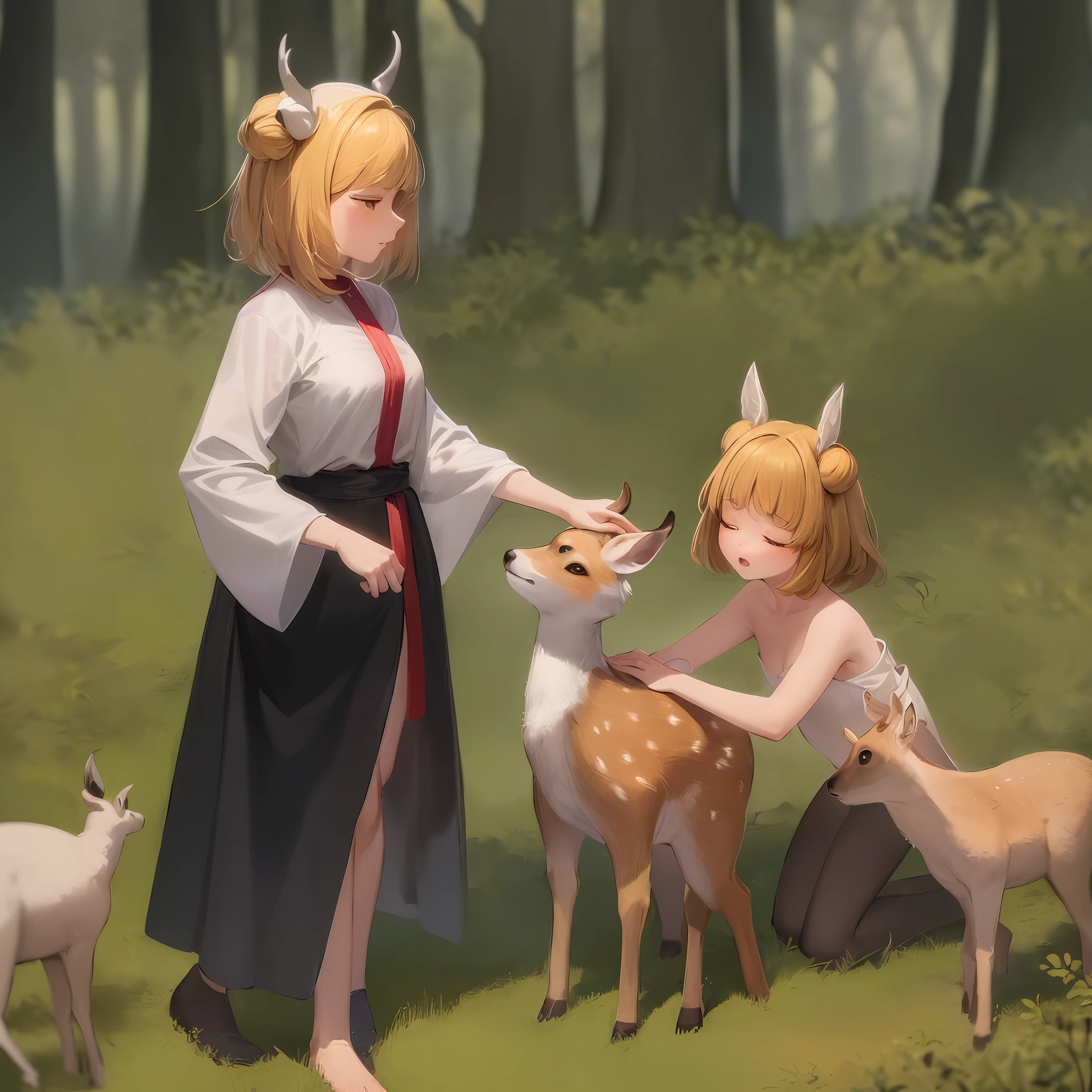 In the birch forest, there is a beautiful sika deer. Its antlers rose high, its body was covered with snow-white fluff, and its plump body shone with golden light in the sunlight. The  girl ran over excitedly when she saw the sika deer. She gently stretched out her hand and caressed the deer&#39;s fur, while the deer closed his eyes tolerantly, enjoying the caress of the little The trees in the birch forest are tall and straight, with straight trunks and lush branches and leaves. The sunlight passed through the gaps in the leaves, casting dappled light on the sika deer and the little girl.quiet environment, the little girl and th lean on each other and accompany each other. The birds in the distance sang leisurely, as if singing for them. This is an extremely beautiful picture, which makes people intoxicated. The friendship between the sika deer and the little girl brought us wand emotion. The picture seems to span the edge of time, depicting a world of eternal harmony.