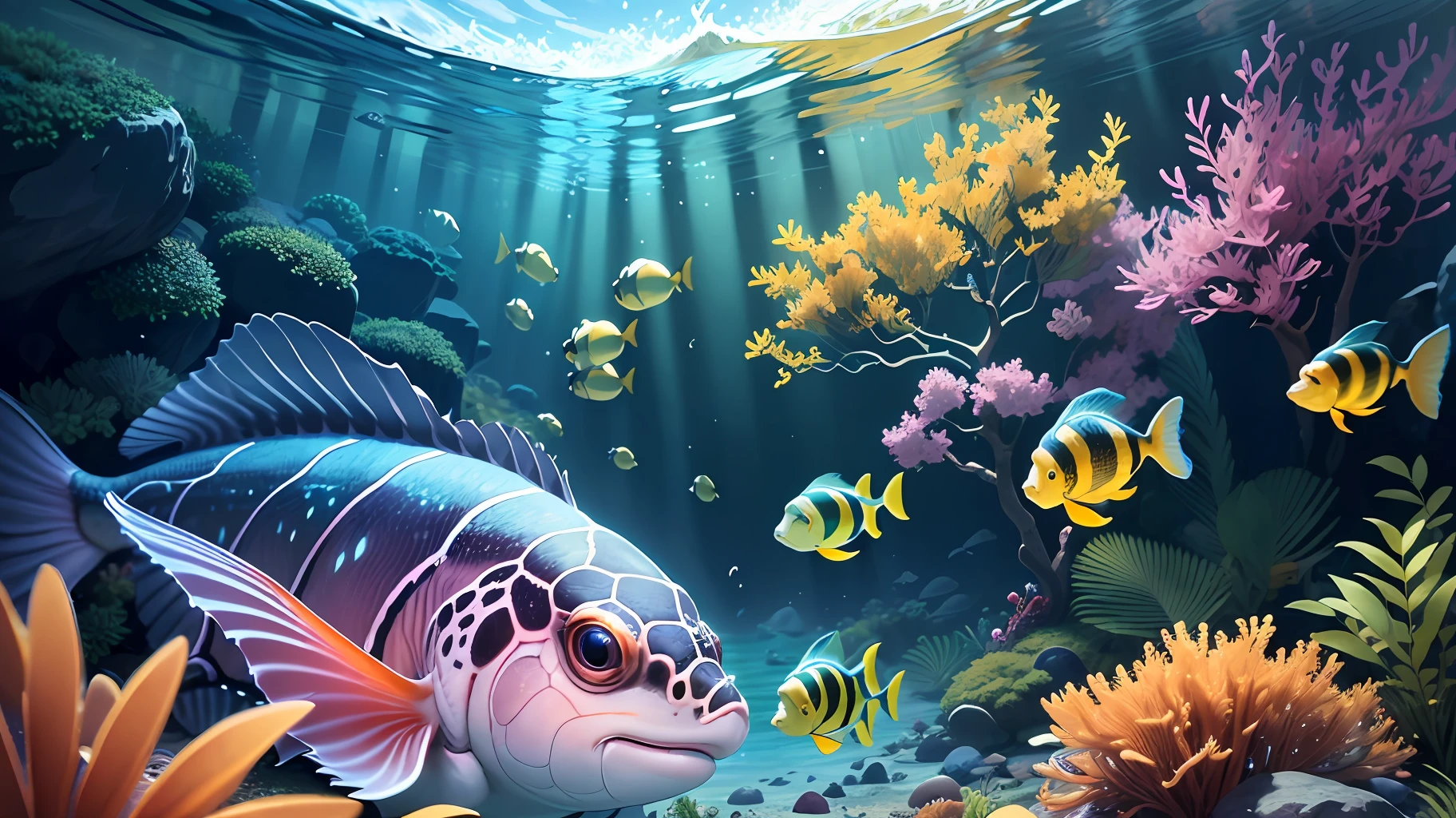 Masterpiece, best quality, high quality, highly detailed CG unity 8k wallpaper beautiful landscape oil painting, award winning photography, bokeh, depth of field, HDR, bloom, chromatic aberration, photorealism, highly detailed, trending on artstation, on CGsociety Trending, intricate, high detail, dramatic, midjourney art and masterpiece, best quality, high quality, extremely detailed CG unity 8k, colorful tropical fish, slowly tumbling sea turtle and deep sea stingray, ocean dark forest, deep sea water Down the river, flowing an orange-yellow glow, strange creatures, divers, --v 6