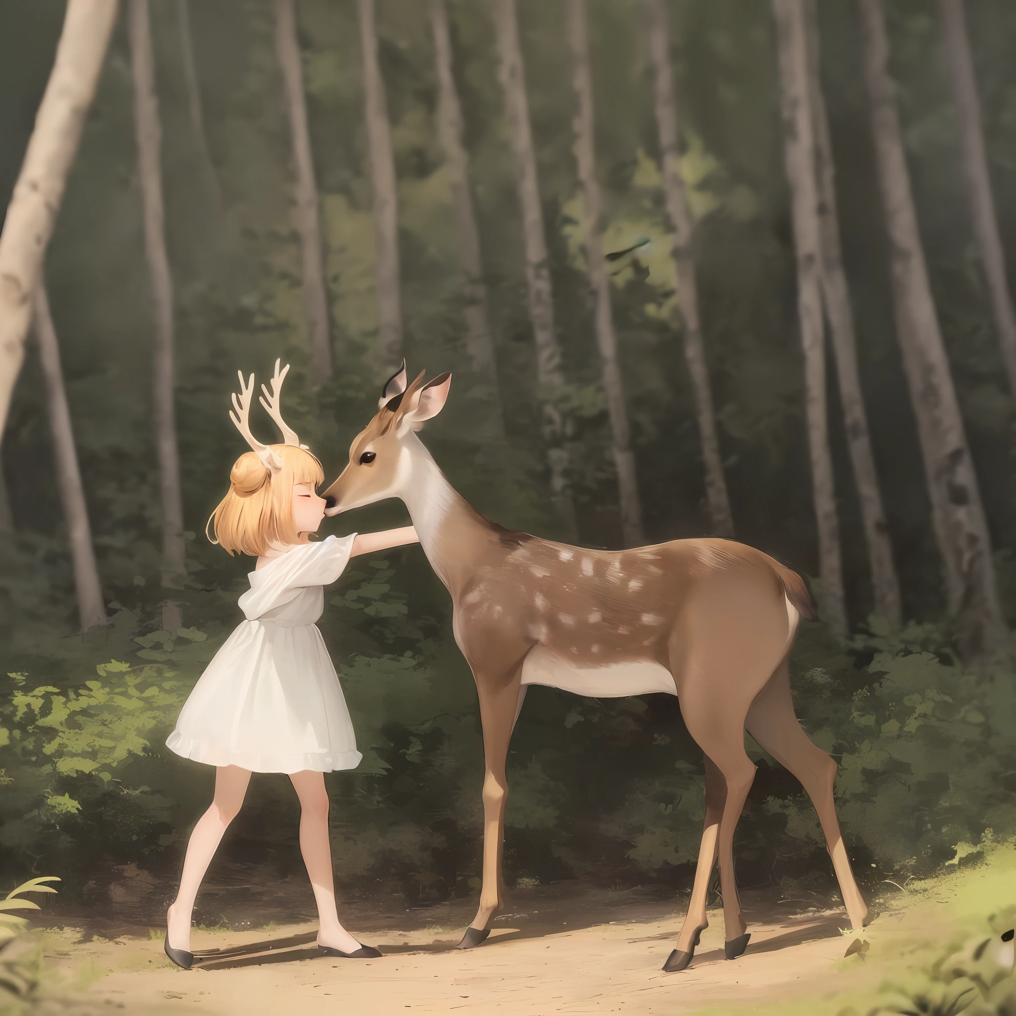 In the birch forest, there is a beautiful sika deer. Its antlers rose high, its body was covered with snow-white fluff, and its plump body shone with golden light in the sunlight. The little girl ran over excitedly when she saw the sika deer. She gently stretched out her hand and caressed the deer&#39;s fur, while the deer closed his eyes tolerantly, enjoying the caress of the little girl. The trees in the birch forest are tall and straight, with straight trunks and lush branches and leaves. The sunlight passed through the gaps in the leaves, casting dappled light on the sika deer and the little girl. In a quiet environment, the little girl and the deer lean on each other and accompany each other. The birds in the distance sang leisurely, as if singing for them. This is an extremely beautiful picture, which makes people intoxicated. The friendship between the sika deer and the little girl brought us warmth and emotion. The picture seems to span the edge of time, depicting a world of eternal harmony.