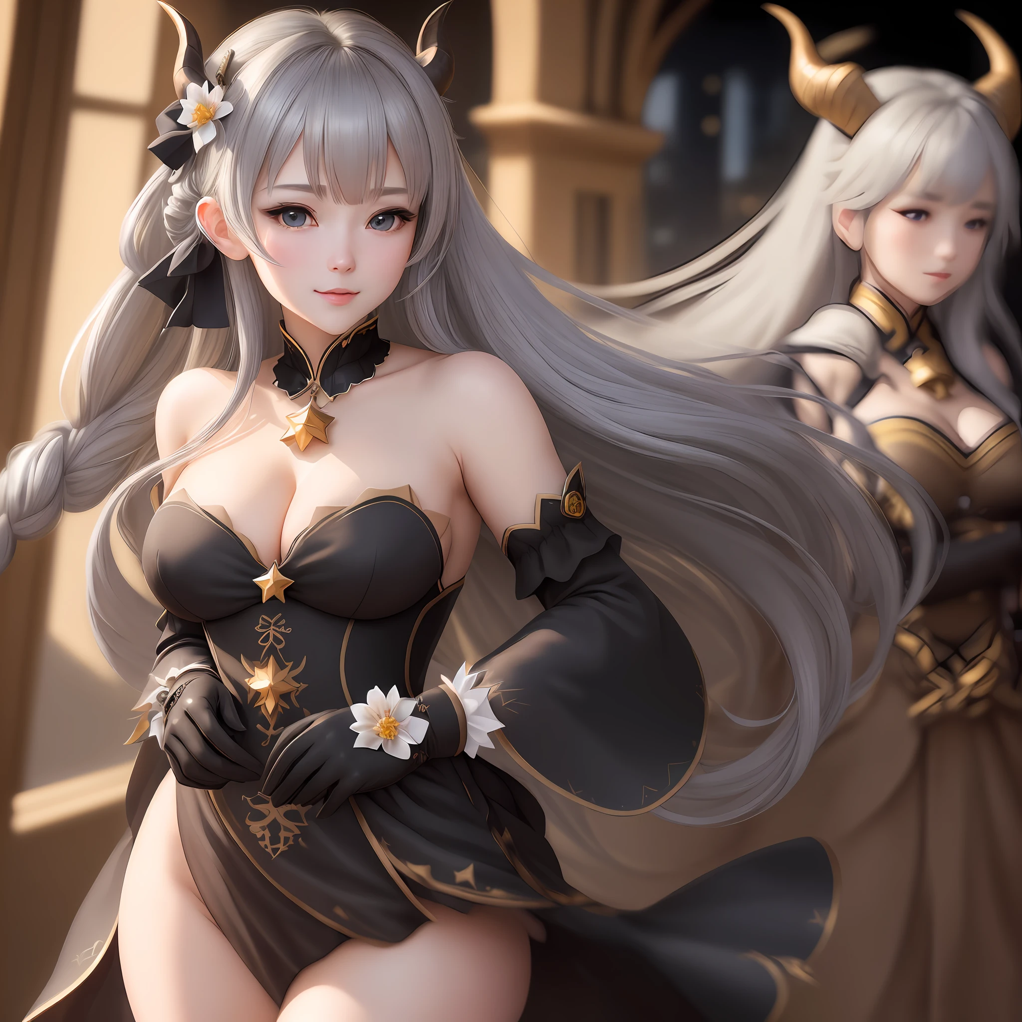 (photorealistic:1.4), (masterpiece, sidelighting, finely detailed beautiful eyes: 1.2), masterpiece*portrait, realistic, 3d face, Stelle \(honkai star rail\), 1girl, ahoge, architecture, bangs, bare shoulders, bell, black gloves, black coat, (grey hair), blush, breasts, chinese knot, detached sleeves, flower knot, gloves, horns, long hair, looking at viewer, medium breasts, neck bell