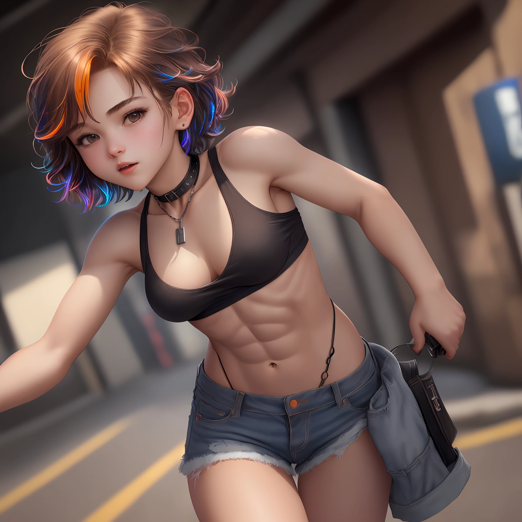 ((medium breast, tomboy girls, small head)),  (chiseled abs : 1.1), (perfect body : 1.1), (short wavy hair : 1.2) , auburn hair, collar, chain, full body shot, crowded street, wearing black tanktop, jeans jacket, ((shorts)), (extremely detailed CG 8k wallpaper), (an extremely delicate and beautiful), (masterpiece), (best quality:1.0), (ultra highres:1.0),  beautiful lighting ,perfect lightning, realistic shadows, [highres], detailed skin, ultra-detailed (((colorful)))