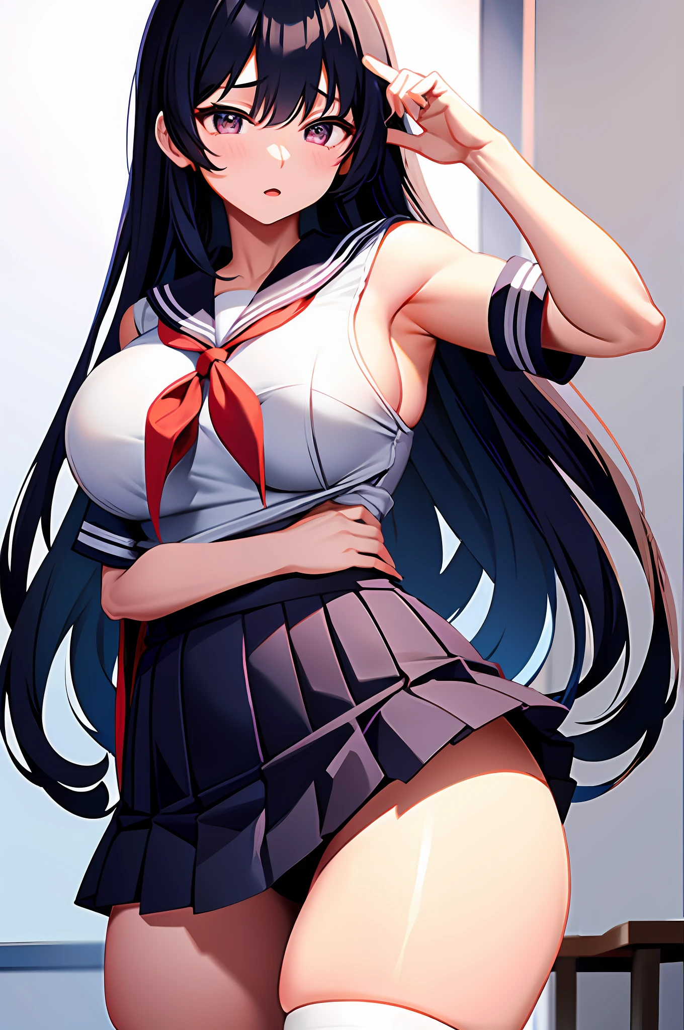 High school girl, sailor suit, long untied black hair, pinched eyes, big breasts, thick thighs,