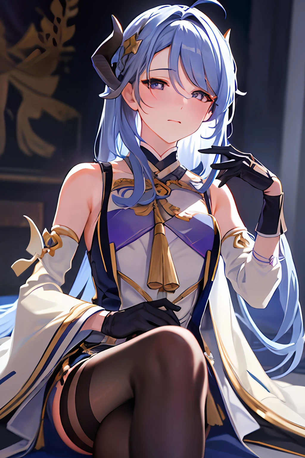 (photorealistic:1.4), (masterpiece, sidelighting, finely detailed beautiful eyes: 1.2), masterpiece*portrait, realistic, 3d face, 
Stelle \(honkai star rail\), 1girl, ahoge, architecture, bangs, bare shoulders, bell, black gloves, black pantyhose, (blue hair), blush, breasts, chinese knot, detached sleeves, flower knot, gloves, horns, long hair, looking at viewer, medium breasts, neck bell