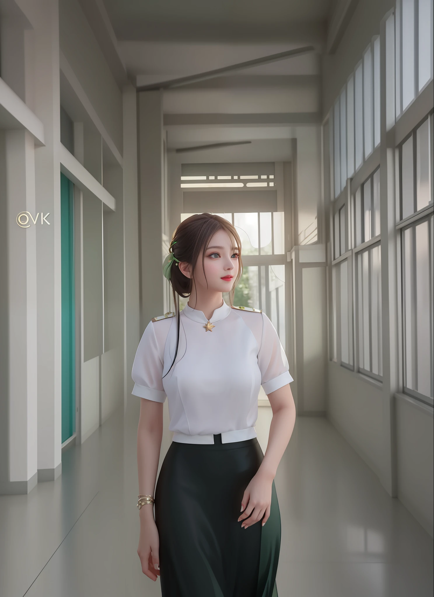 best quality, masterpiece, highres, 1girl,blush,(seductive smile:0.8),star-shaped pupils,necklace, jewelry,Beautiful face,upon_body, tyndall effect,photorealistic, dark studio, rim lighting, two tone lighting,(high detailed skin:1.2), 8k uhd, dslr, soft lighting, high quality, volumetric lighting, candid, Photograph, high resolution, 4k, 8k, Bokeh,,not sexy dress,white and green uniform