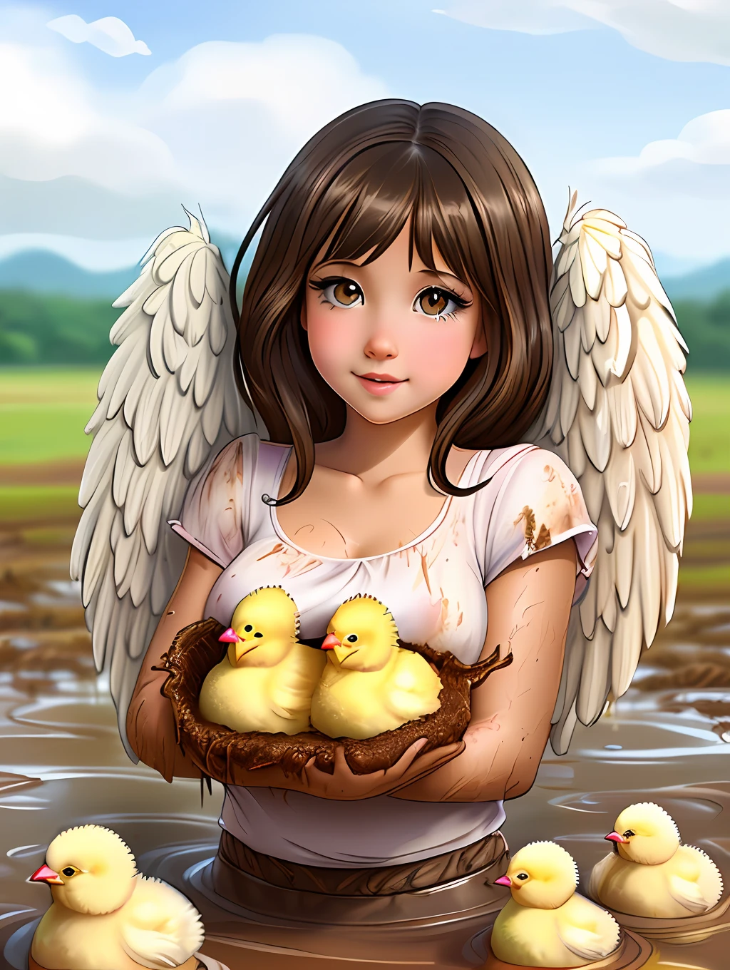 Cartoon ((A beautiful girl with large feathered wings)), holding, ((adorable  chicks)), in ((muddy and soft terrain)) 2d , cute eyes, cute face,