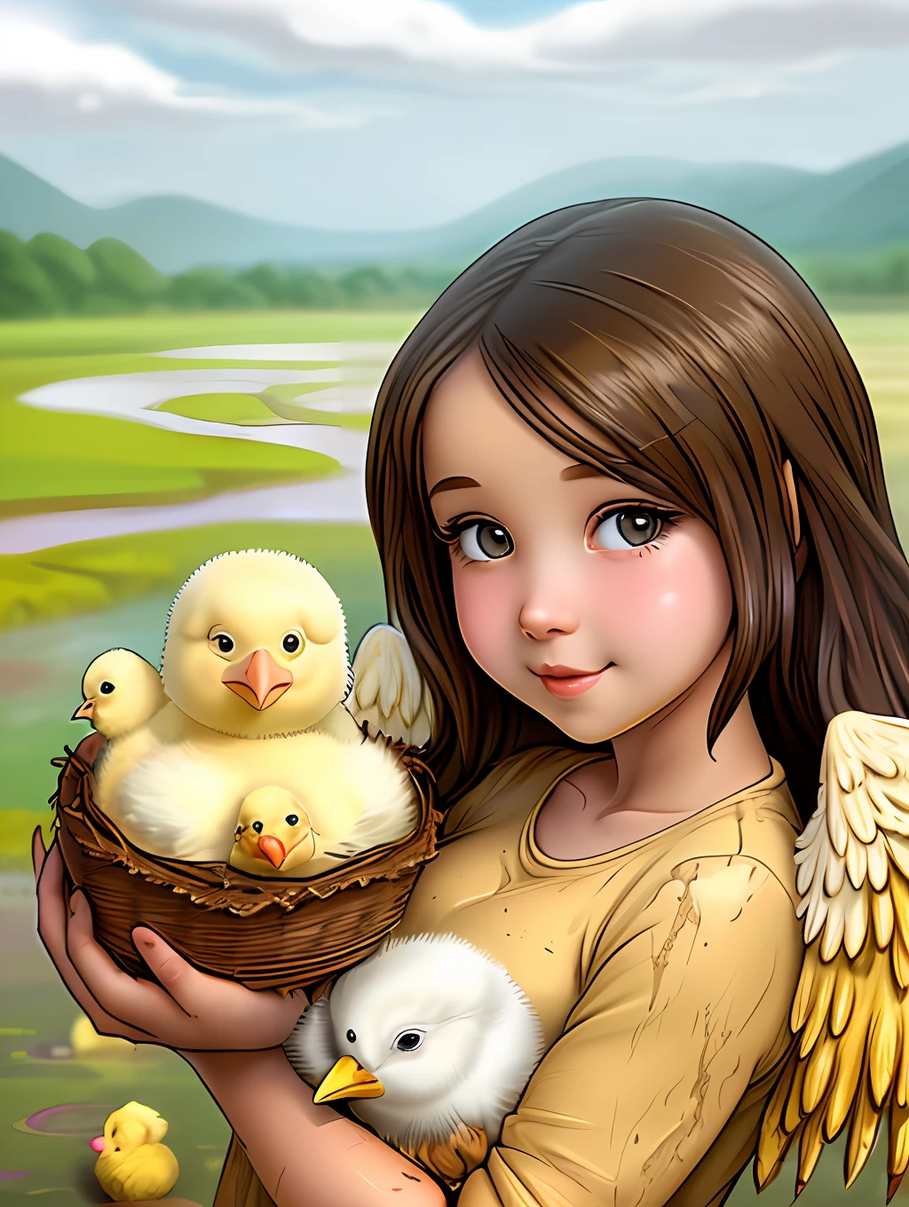 Cartoon ((A beautiful girl with large feathered wings)), holding, ((adorable  chicks)), in ((muddy and soft terrain)) 2d , cute eyes, cute face,