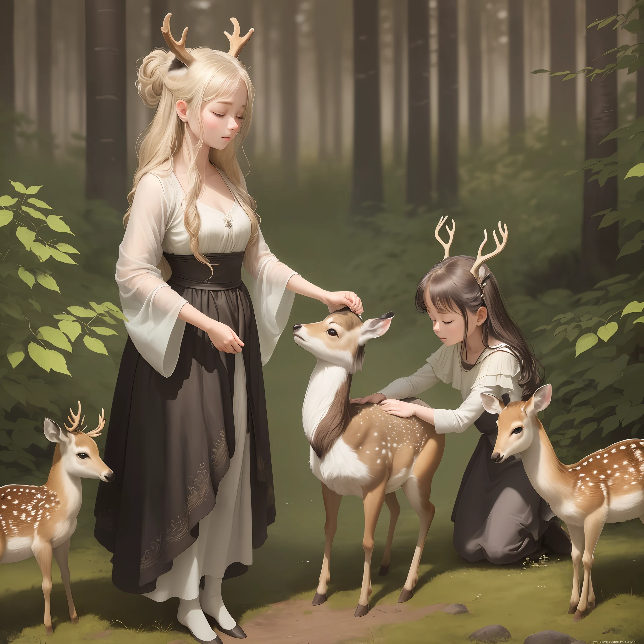 In the birch forest, there is a beautiful sika deer. Its antlers rose high, its body was covered with snow-white fluff, and its plump body shone with golden light in the sunlight. The  girl ran over excitedly when she saw the sika deer. She gently stretched out her hand and caressed the deer&#39;s fur, while the deer closed his eyes tolerantly, enjoying the caress of the little The trees in the birch forest are tall and straight, with straight trunks and lush branches and leaves. The sunlight passed through the gaps in the leaves, casting dappled light on the sika deer and the little girl.quiet environment, the little girl and th lean on each other and accompany each other. The birds in the distance sang leisurely, as if singing for them. This is an extremely beautiful picture, which makes people intoxicated. The friendship between the sika deer and the little girl brought us wand emotion. The picture seems to span the edge of time, depicting a world of eternal harmony.