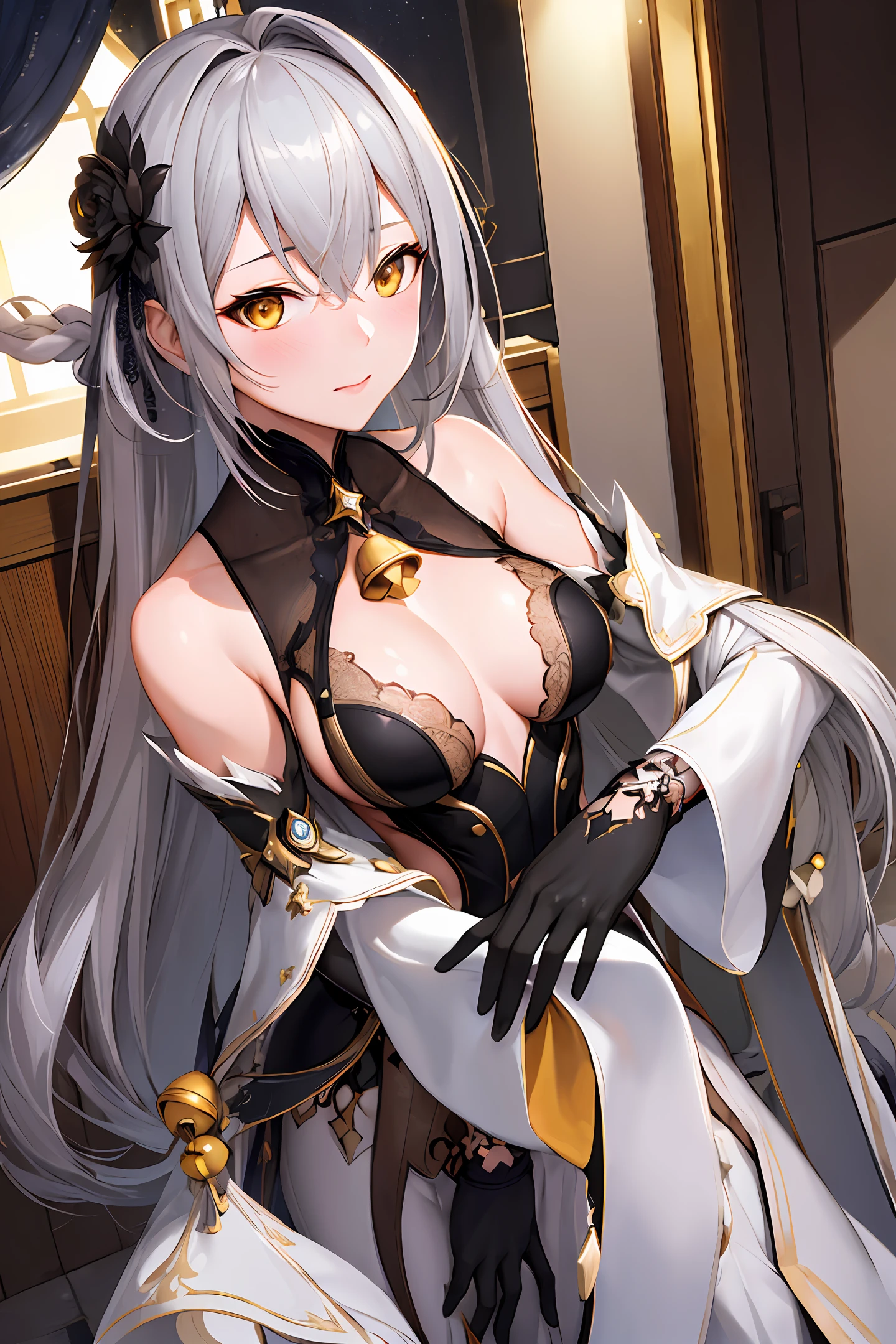 (photorealistic:1.4), (masterpiece, sidelighting, finely detailed beautiful eyes: 1.2), masterpiece*portrait, realistic, 3d face, Stelle \(honkai star rail\), 1girl, ahoge, architecture, bangs, bare shoulders, bell, black gloves, black coat, (grey hair), yellow eyes, blush, breasts, chinese knot, detached sleeves, flower knot, gloves, long hair, looking at viewer, medium breasts, neck bell