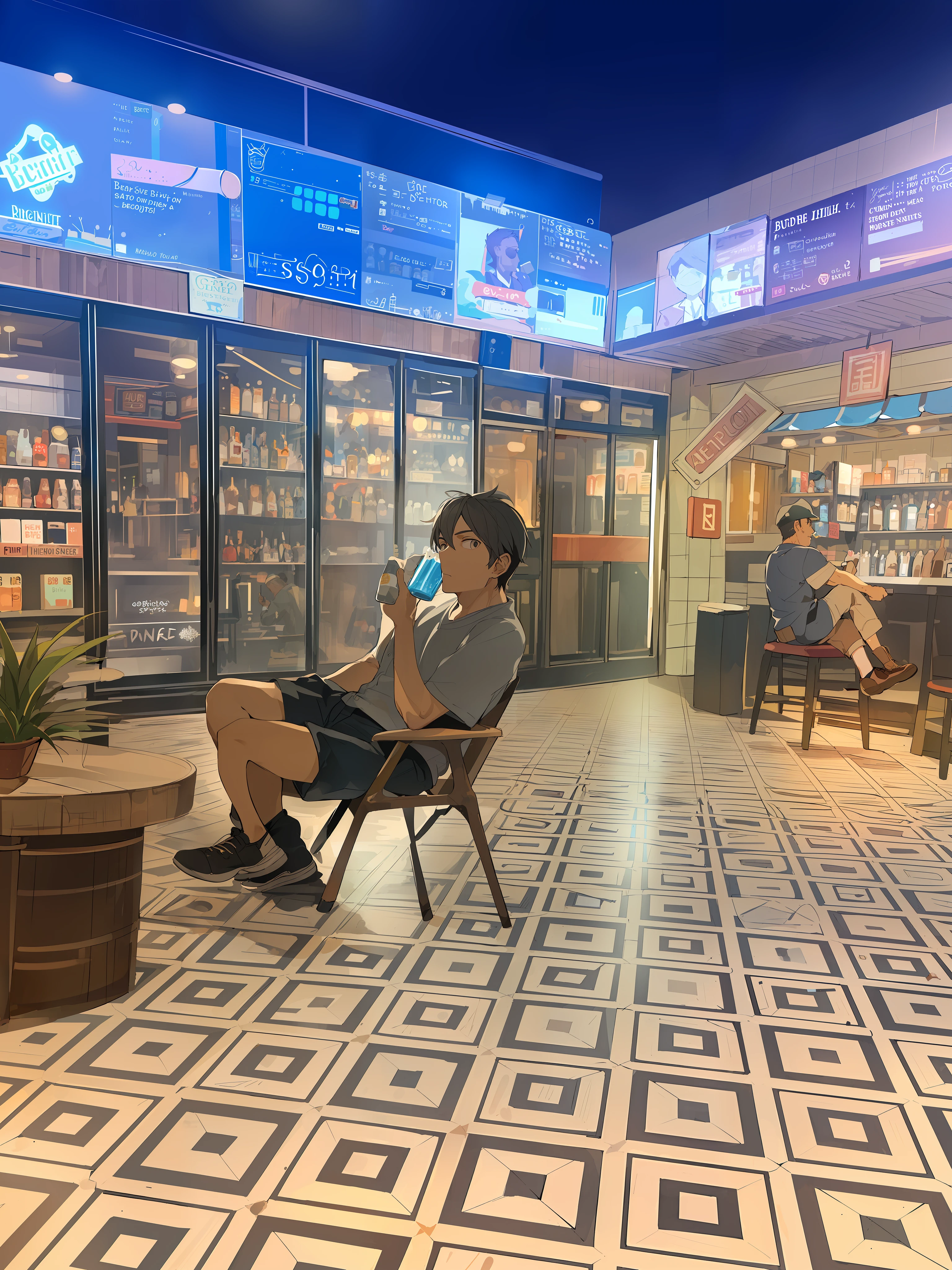 there is a man sitting in a chair in a store, sitting on a store shelf, convenience store, sitting alone at a bar, drink, trending ,, in a bar, the store, buying beers in the british bar, relaxing after a hard day, drinking a beer at train station, sitting at the bar, in a mall, sitting at a bar