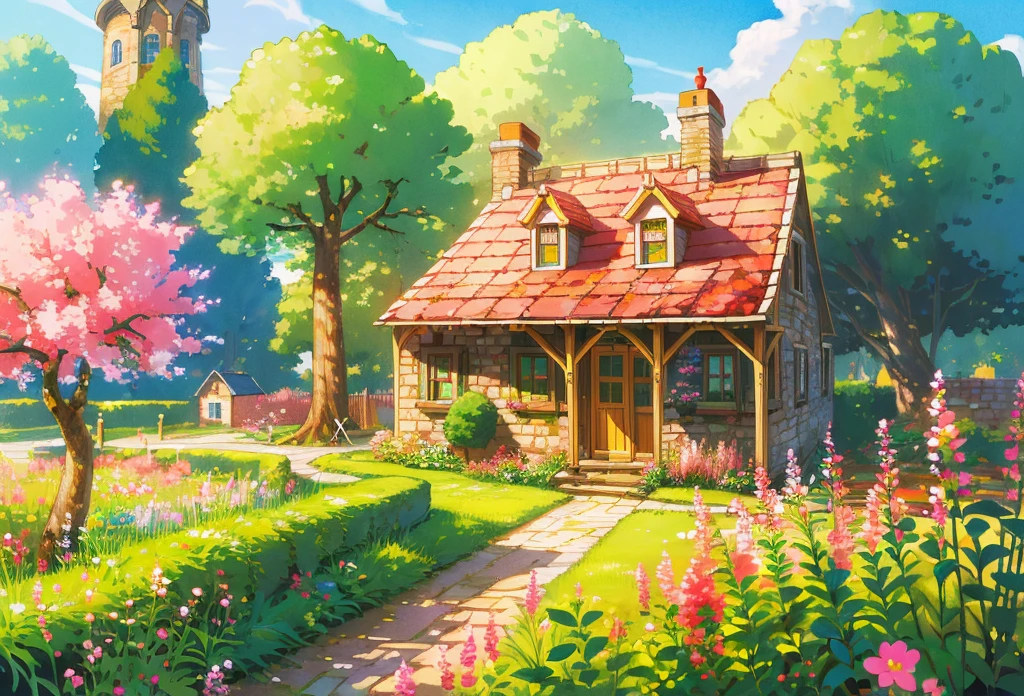 (((high quality))), detailed lighthouse,extremely detailed cliff under small apple tree,high resolution,absurd,high saturation,clear,rational construction,cartoon style,brick wall,building,bush,day,door, fence,field,flower, flower_field, garden, path, pink flower, grass, nature, house, no_humans, plant, potted plant
