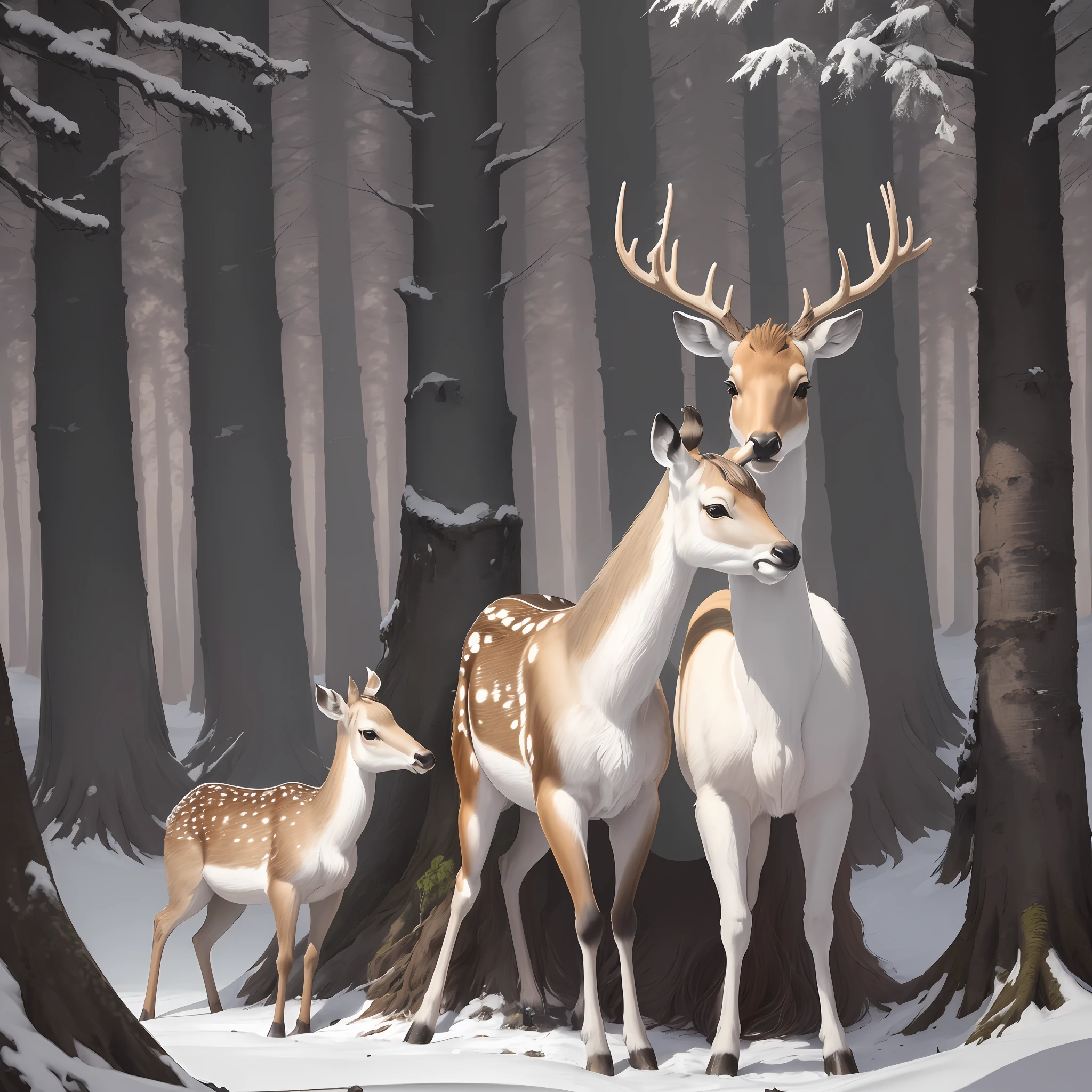 In the birch forest, there is a beautiful sika deer. Its antlers rose high, its body was covered with snow-white fluff, and its plump body shone with golden light in the sunlight. The little girl ran over excitedly when she saw the sika deer. She gently stretched out her hand and caressed the deer's fur, while the deer closed his eyes tolerantly, enjoying the caress of the little girl. The trees in the birch forest are tall and straight, with straight trunks and lush branches and leaves. The sunlight passed through the gaps in the leaves, casting dappled light on the sika deer and the little girl. In a quiet environment, the little girl and the deer lean on each other and accompany each other. The birds in the distance sang leisurely, as if singing for them. This is an extremely beautiful picture, which makes people intoxicated. The friendship between the sika deer and the little girl brought us warmth and emotion. The picture seems to span the edge of time, depicting a world of eternal harmony.