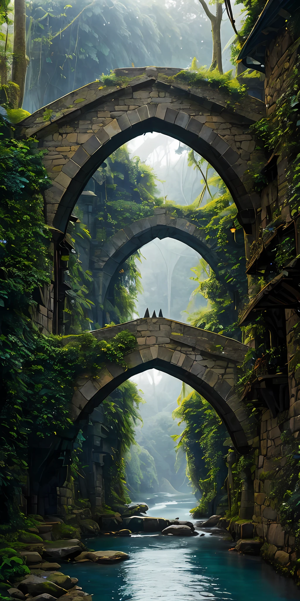 Medieval bridge in ominous blue-green jungle, bohemian modern village, photorealistic and detailed, 8k quality, National Geographic photo, overcast weather, medium distance, bridge perspective.