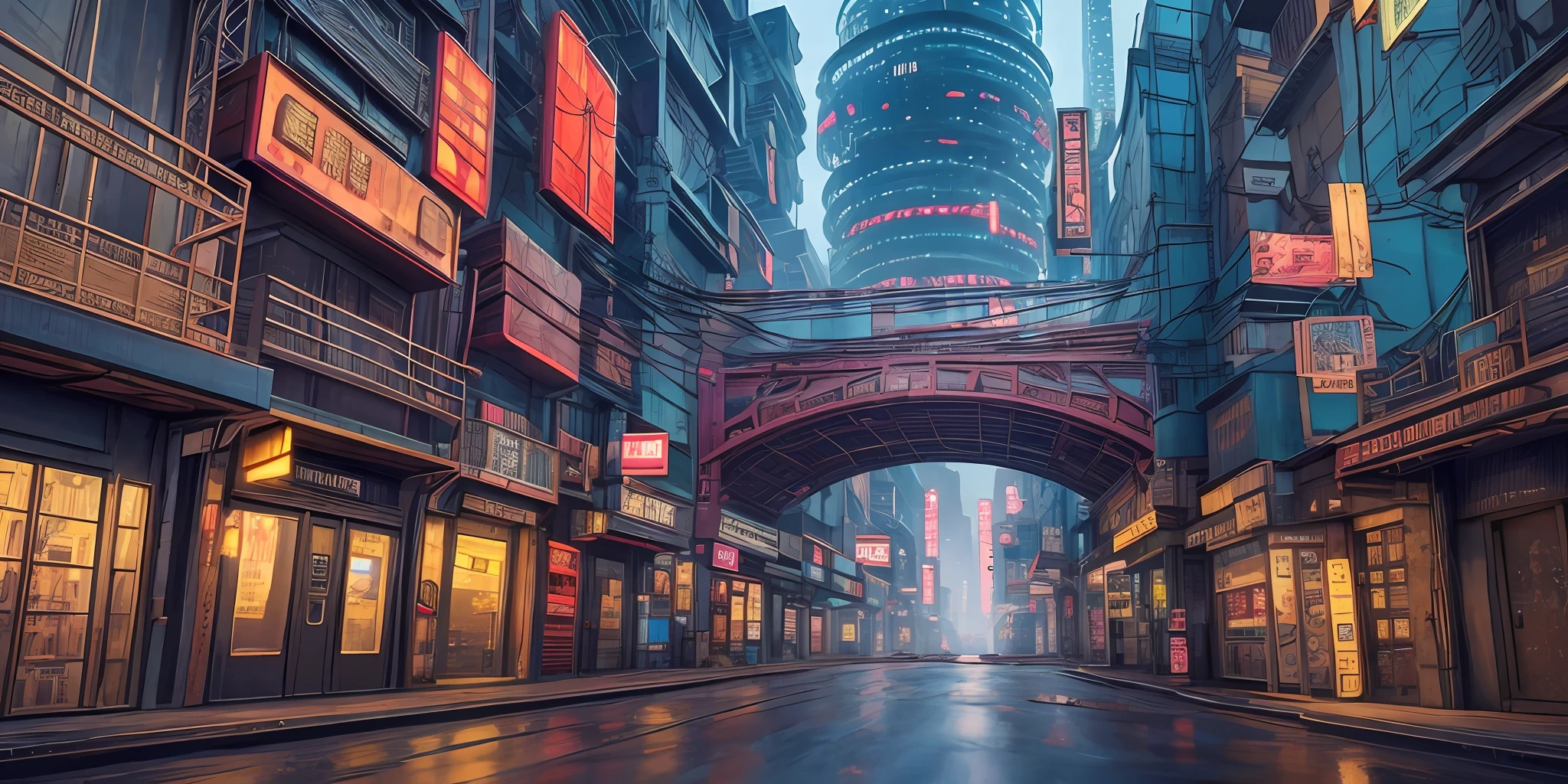 Cyberpunk city from sci-fi movie, empty street, night, chinoiserie buildings, bridge, old shop, irregular, circuit boards, wires, intricate, super detailed, realistic, hyper realistic, high quality, best, super detail , crazy detail, very detailed, photorealistic, epic composition, best quality, 32k --v 6
