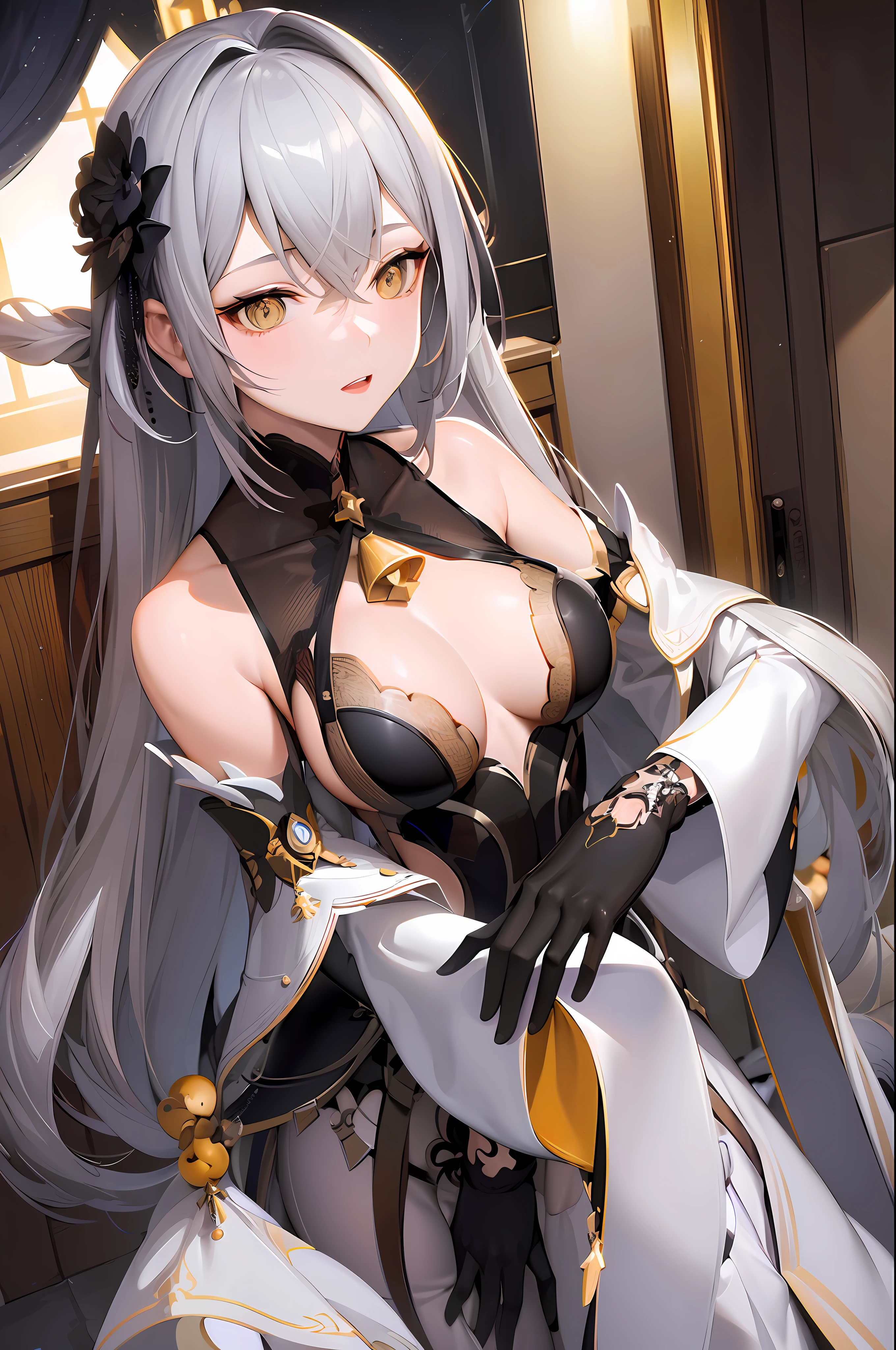 anime - style image of a woman in a black and yellow outfit, fine details. from honkai star rail, honkai star rail style, characters from honkai star rail, best anime 4k konachan wallpaper, anime goddess, seductive anime girl, trending on artstation pixiv, grey haired deity