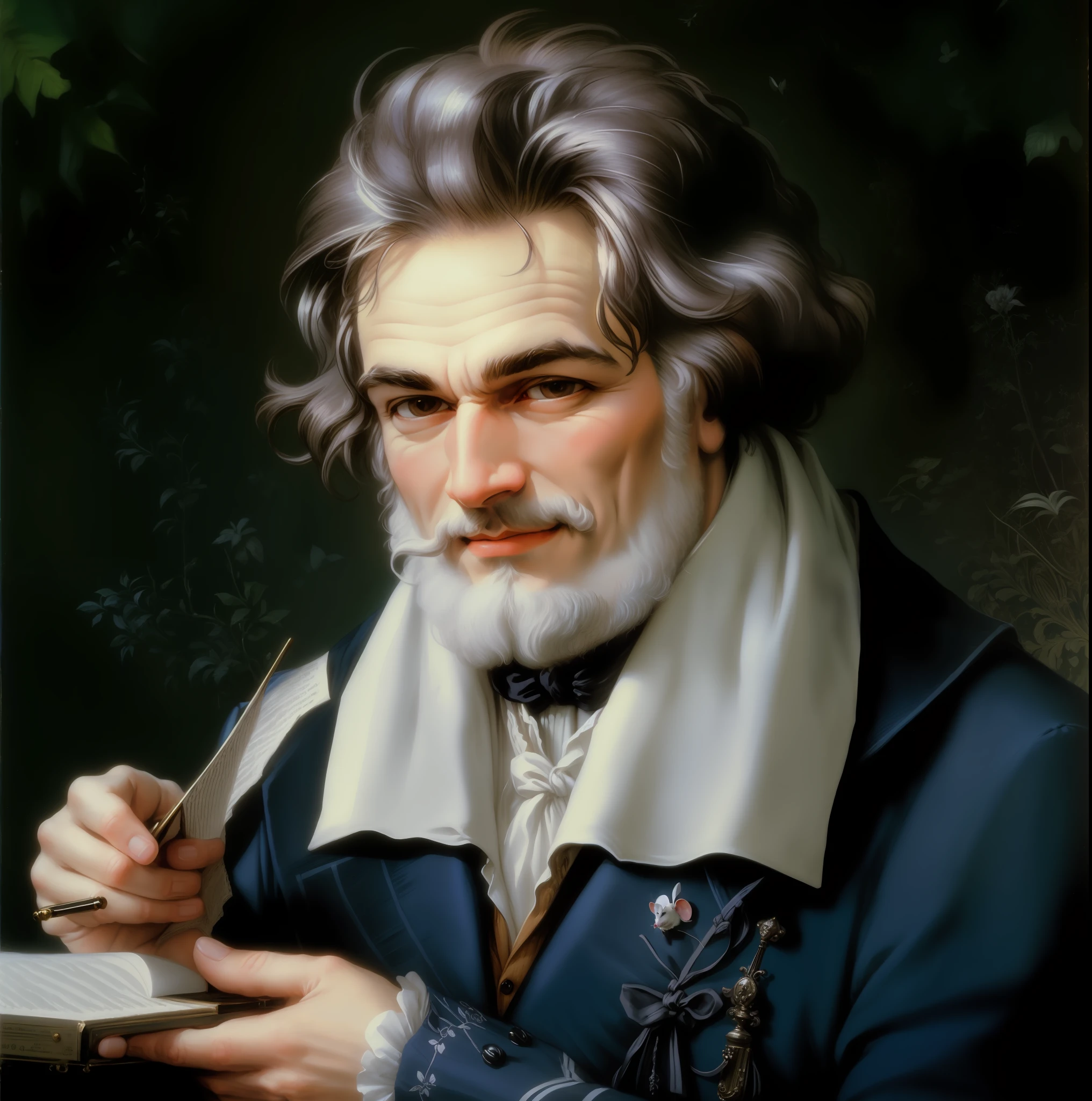 Beardless, mouse in hand, Beethoven, grinning, orazio gentileschi style, Beethoven playing piano, portrait of man