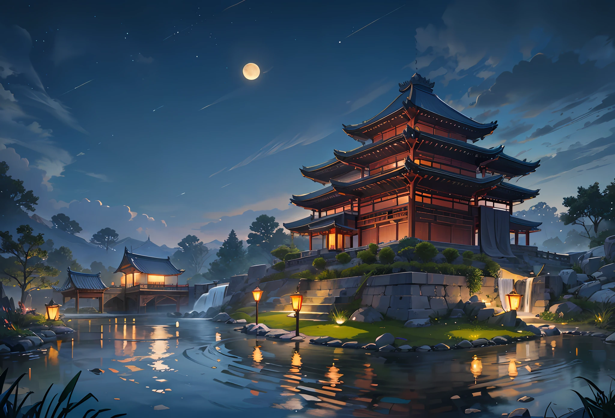 Ancient Chinese architecture, moon, dark night, garden, bamboo, lake, stone bridge, rockery, arch, corner, tree, running water, landscape, outdoor, waterfall, grass, rock, water lily, hot spring, water vapor, (Illustration: 1.0 ), epic composition, realistic lighting, HD details, masterpiece, best quality, (very detailed CG unity 8k wallpapers) --v 6