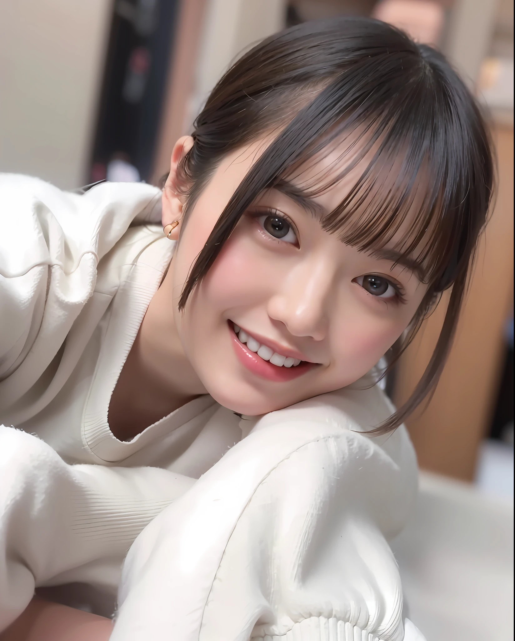 (8k, highest quality, masterpiece, super resolution, high definition face: 1.3), portrait, (20 year old girl: 1.3), cute, black hair, front view, simple background, bokeh