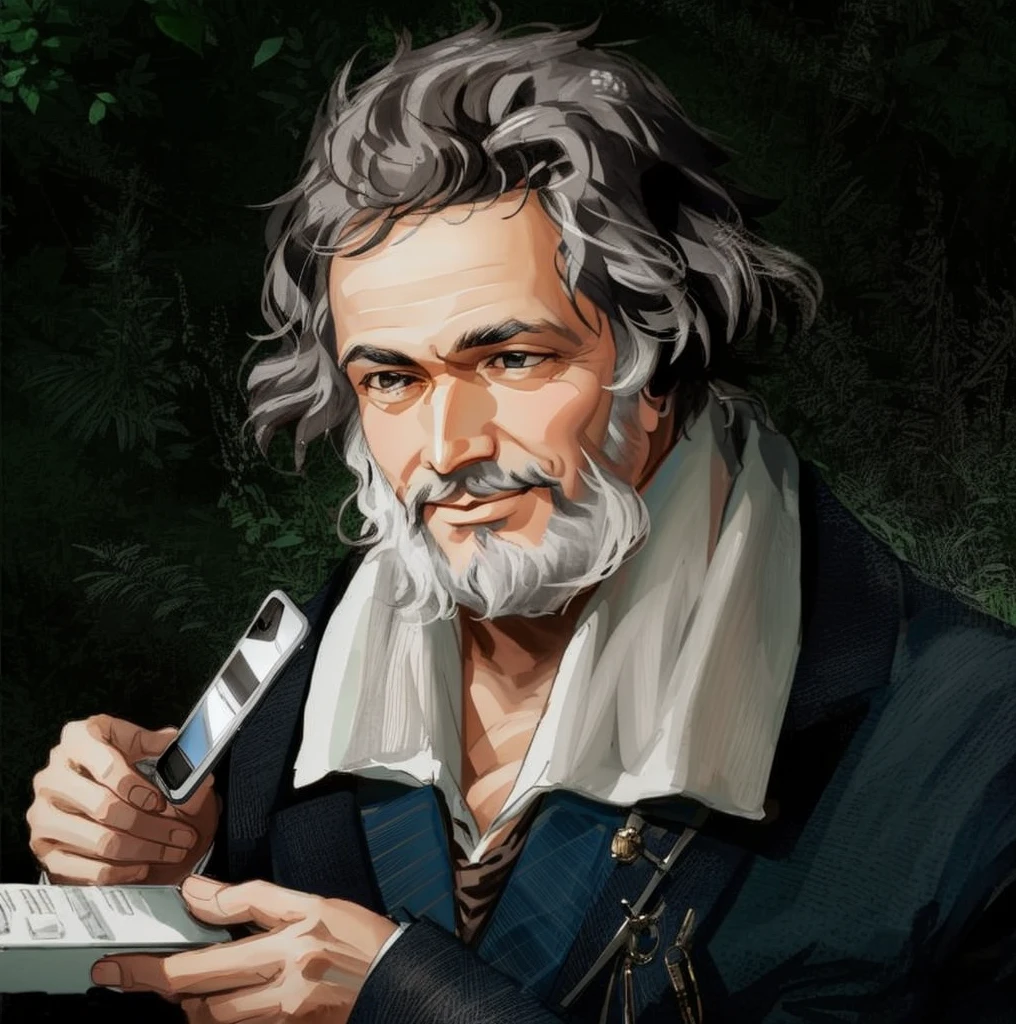 Beethoven with a beard and a mobile phone in his hand, smiling softly