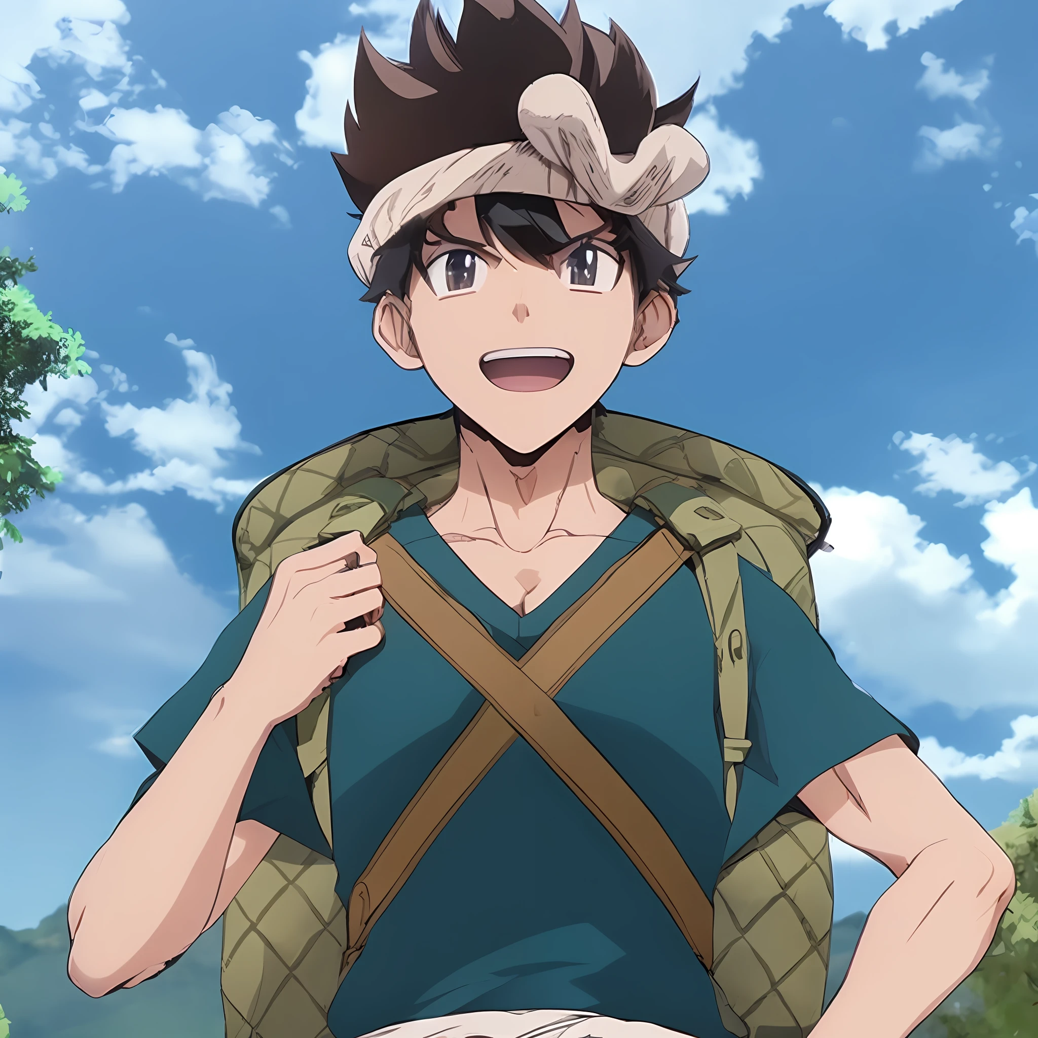 anime character with a backpack and a hat on his head, official anime still, official art, today's featured anime still, izuku midoriya, in the anime film, anime still, anime still image, official studio anime still, shuushuu anime image, best anime character design, screenshot from black clover, aramaki shinji, yakisugi, Perfect picture quality, good work, high-definition finished product, clear and vivid, best quality, masterpiece