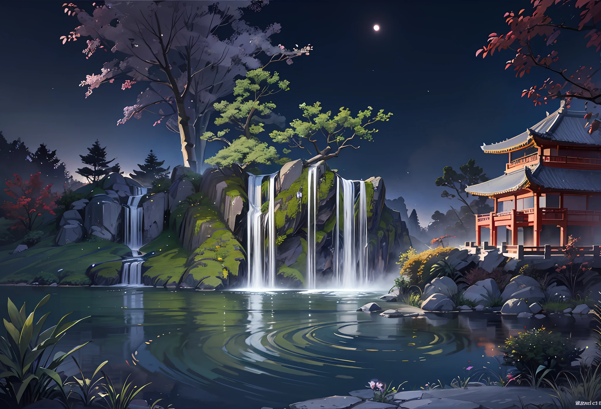 Ancient Chinese architecture, cool colors, dark night, garden, bamboo, lake, stone bridge, rockery, arch, corner, tree, running water, landscape, outdoor, waterfall, grass, rock, dense fog, (Illustration: 1.0), epic Composition, HD details, masterpiece, best quality, (very detailed CG unity 8k wallpapers) --v 6