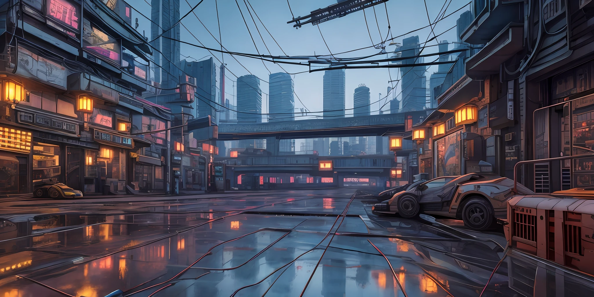 Cyberpunk city from sci-fi movie, wasteland, empty street, night, chinoiserie architecture, bridge, old shop, irregular, circuit board, wires, intricate, ultra detailed, realistic, hyper realistic, high quality, best , Super Detail, Crazy Detail, Very Detailed, Photorealistic, Epic Composition, Best Quality, 32k --v 6