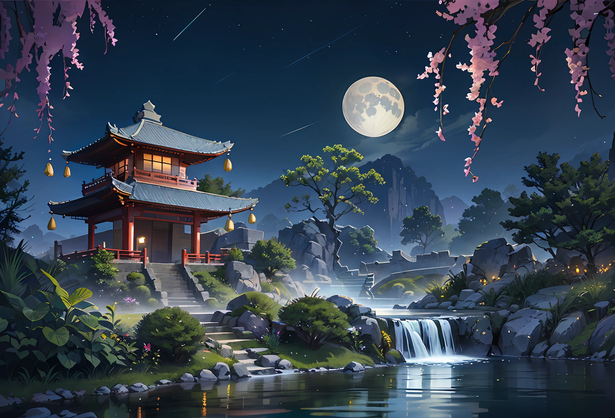 Ancient Chinese architecture, cool colors, dark night, moon, garden, bamboo, lake, stone bridge, rockery, arch, corner, tree, running water, landscape, outdoor, waterfall, grass, rock, dense fog, (Illustration: 1.0) , Epic Composition, HD Details, Masterpiece, Best Quality, (Very Detailed CG Unity 8k Wallpapers) --v 6