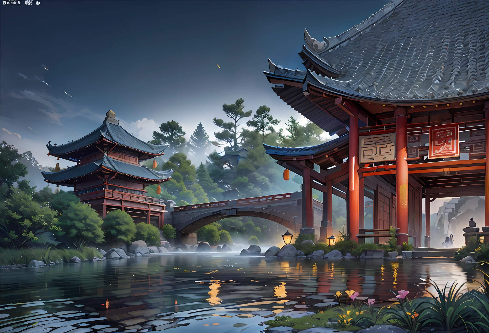 Ancient Chinese architecture, simple colors, cool tones, dark night, garden, bamboo, lake, stone bridge, rockery, arch, corner, tree, running water, landscape, outdoor, waterfall, grass, rock, dense fog, (illustration: 1.0), epic composition, HD detail, masterpiece, best quality, (very detailed CG unity 8k wallpaper) --v 6