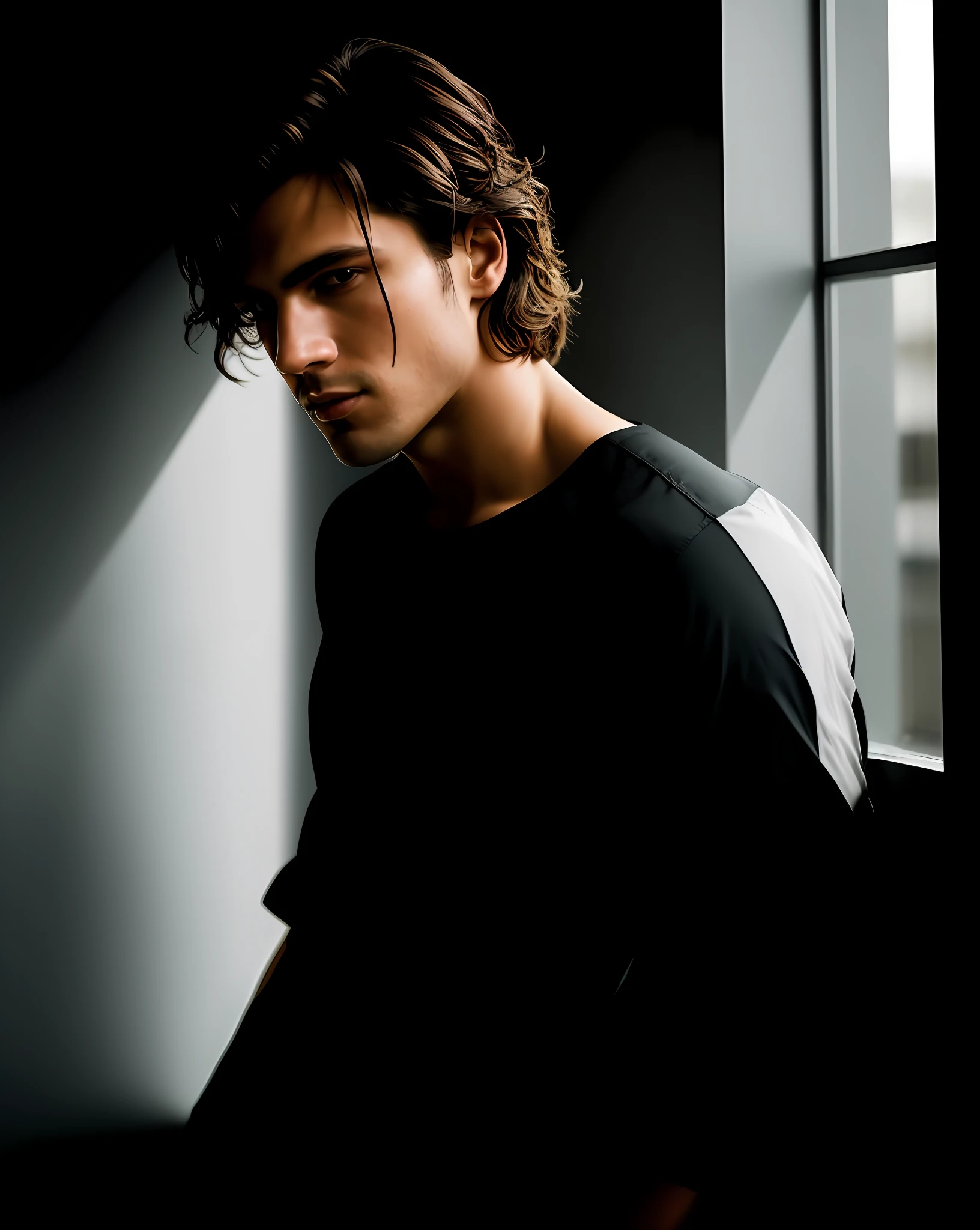 handsome young man looking down, naked torso, full length portrait, low camera angle, bottom view, bottom view, hands on either side of the photographer, deep shadows, darkness (transparency) (moonlight: 1.3), award-winning POV , intricate, detailed, stunning, fine details, highly detailed face, sensual, evocative, extremely detailed eyes and face, piercing gaze, tousled hair, muscular body, perfect center, nikon d850 film, lens, porter 400 1.6, rich colors , ultra-realistic texture, spectacular, bright, popular in station art: zinc up to 800 (facial transparency: 1.5), anatomical masterpiece, window light, hair texture, wet hair (wet hair), hanging), model style ( highly detailed CG wallpaper Unity 8k), popular on ArtStation, popular on CGSociety, Intricate, High Detail, Sharp focus, dramatic, photorealistic painting by Midjourney