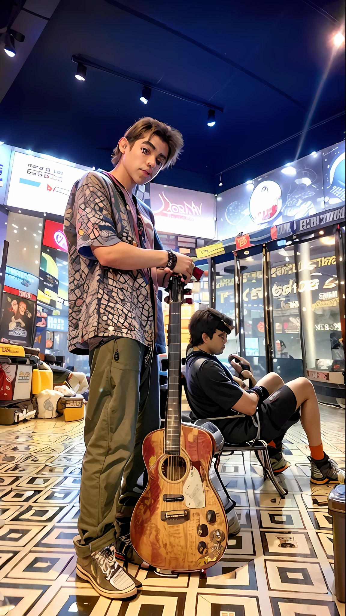 There is a man standing next to a guitar in a store, album cover, holding a guitar, 🔞🤡, nostalgic atmosphere, lo fi, pop punk style, shot with an iphone 1 0, shot with a leica sl2, headshot 1024px, in a mall, with a Nikon z9 shot, chillhop, smooth background, sitting people drinking beer