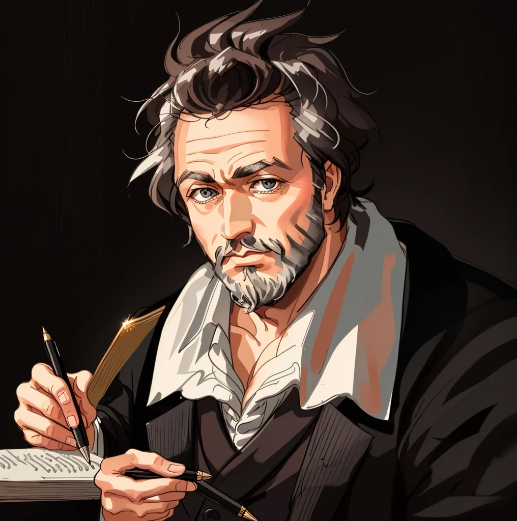 Beethoven with a beard and a pen in his right hand, a gentle laugh, big eyes, no forehead lines