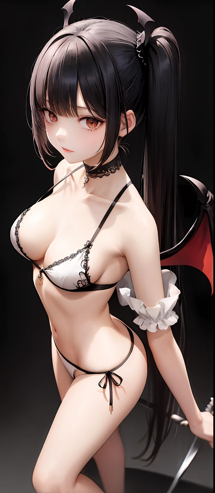 [monochrome: soft color: 0.6] theme, (masterpiece), (best quality), (detailed), light layer, glossy skin, (intricate detailed, stretched clothes, demon wings, hair ornament: 1, 2), from above, black hair, black choker, long hair, hime cut, straight bangs, side locks, red eyes, holding staff, holding scythe, holding sword, (mature female: 1.1), [uncensored, NSFW,, (lactation), BREAK side ponytail ( simple bottom:1.1),1 girl,