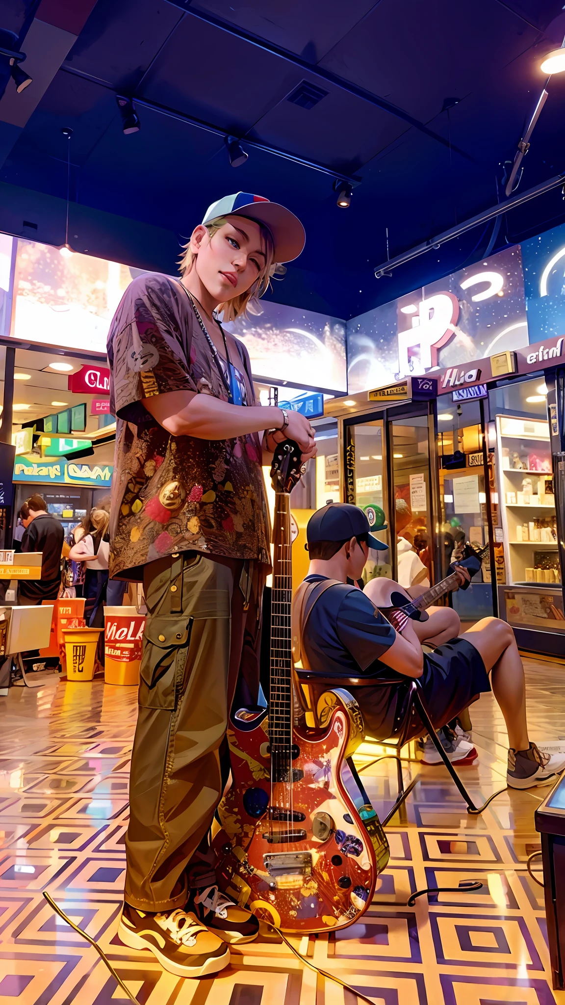 There is a man standing next to a guitar in a store, album cover, holding a guitar, 🔞🤡, nostalgic atmosphere, lo fi, pop punk style, shot with an iphone 1 0, shot with a leica sl2, headshot 1024px, in a mall, with a Nikon z9 shot, chillhop, smooth background, sitting people drinking beer
