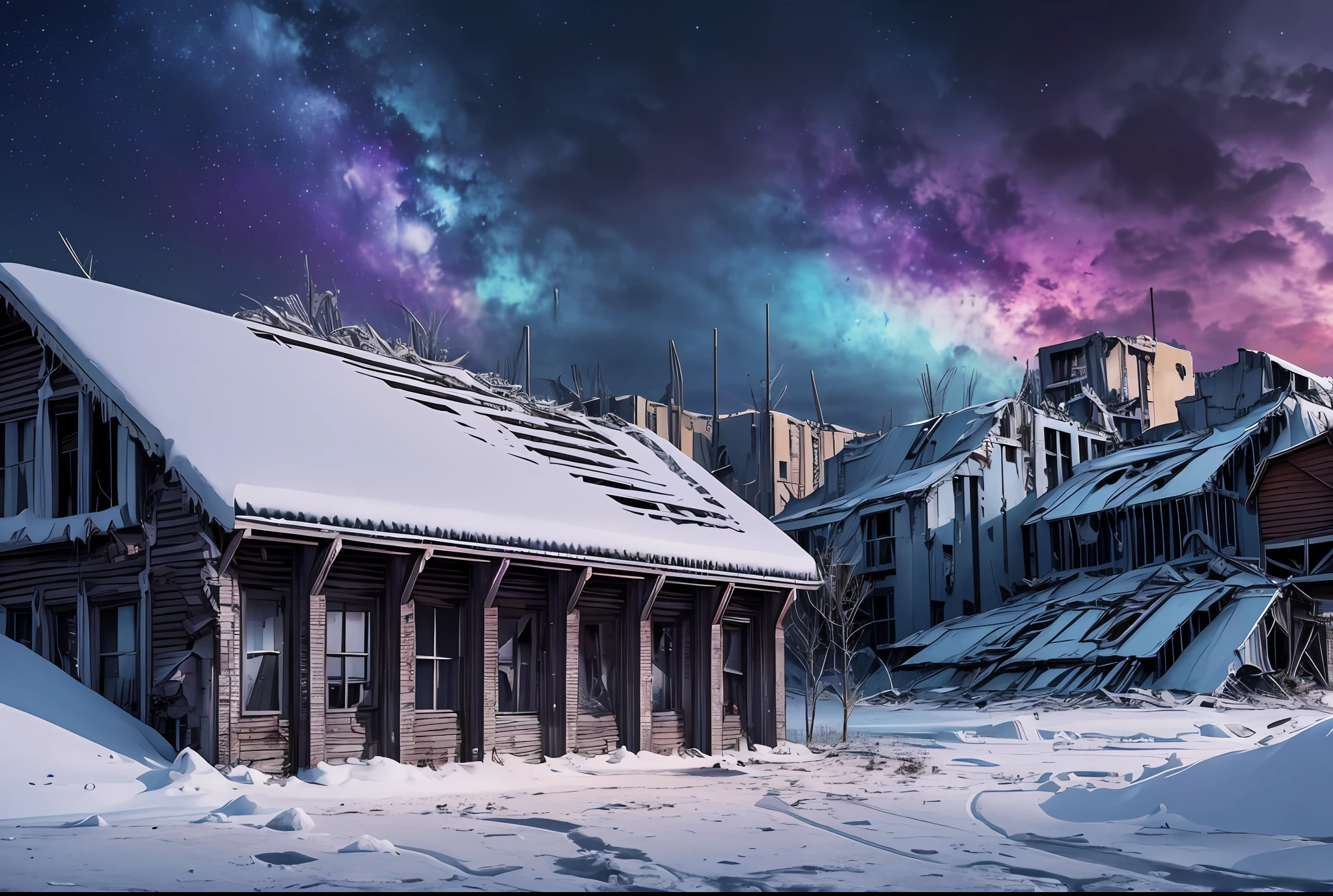 Apocalypse, Epic Reality, (hdr: 1.4), Apocalypse, Frozen, Dilapidated, Abandoned, Cool Colors, Dark Night, Screen Space Refraction, Epic Composition, (Intricate Detail), (Intricate Detail, Ultra Detail: 1.2 ), Art Station, Movie Clips, Vignetting, Complex Backgrounds, Buildings, Snow, (Masterpiece, Best Quality) --v 6