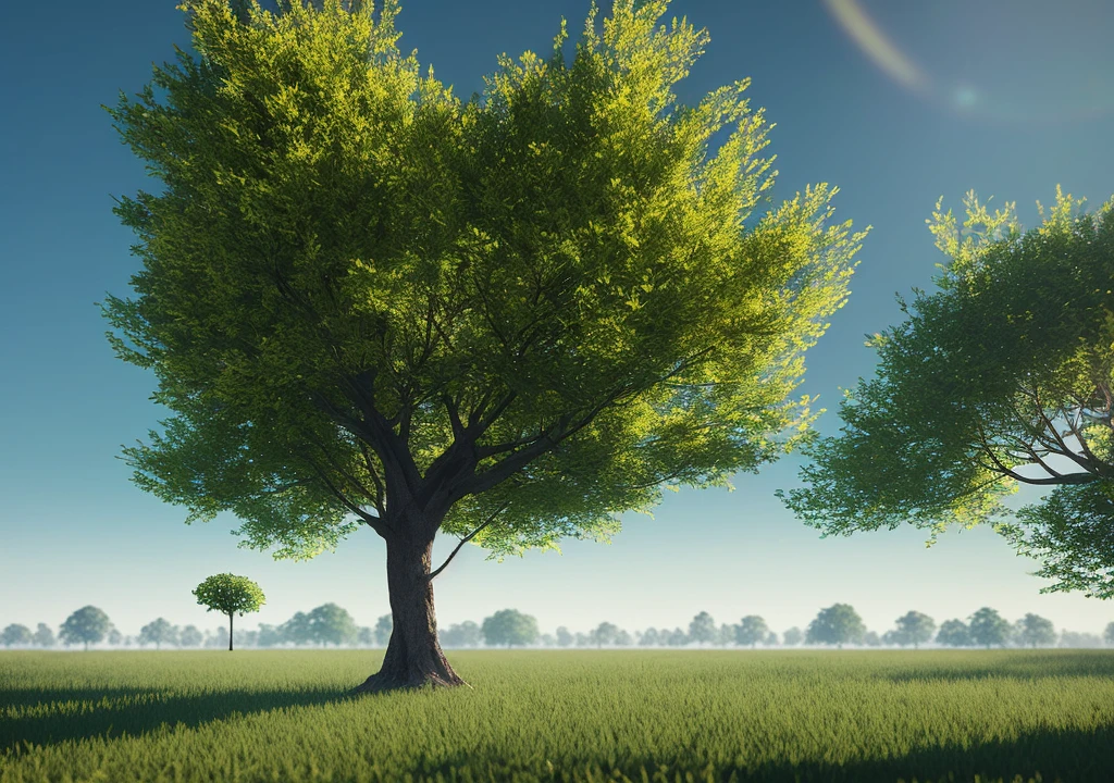 single tree in calm landscape, Photorealistic,extremely detailed, Intricate, sunny atmosphere, octane render