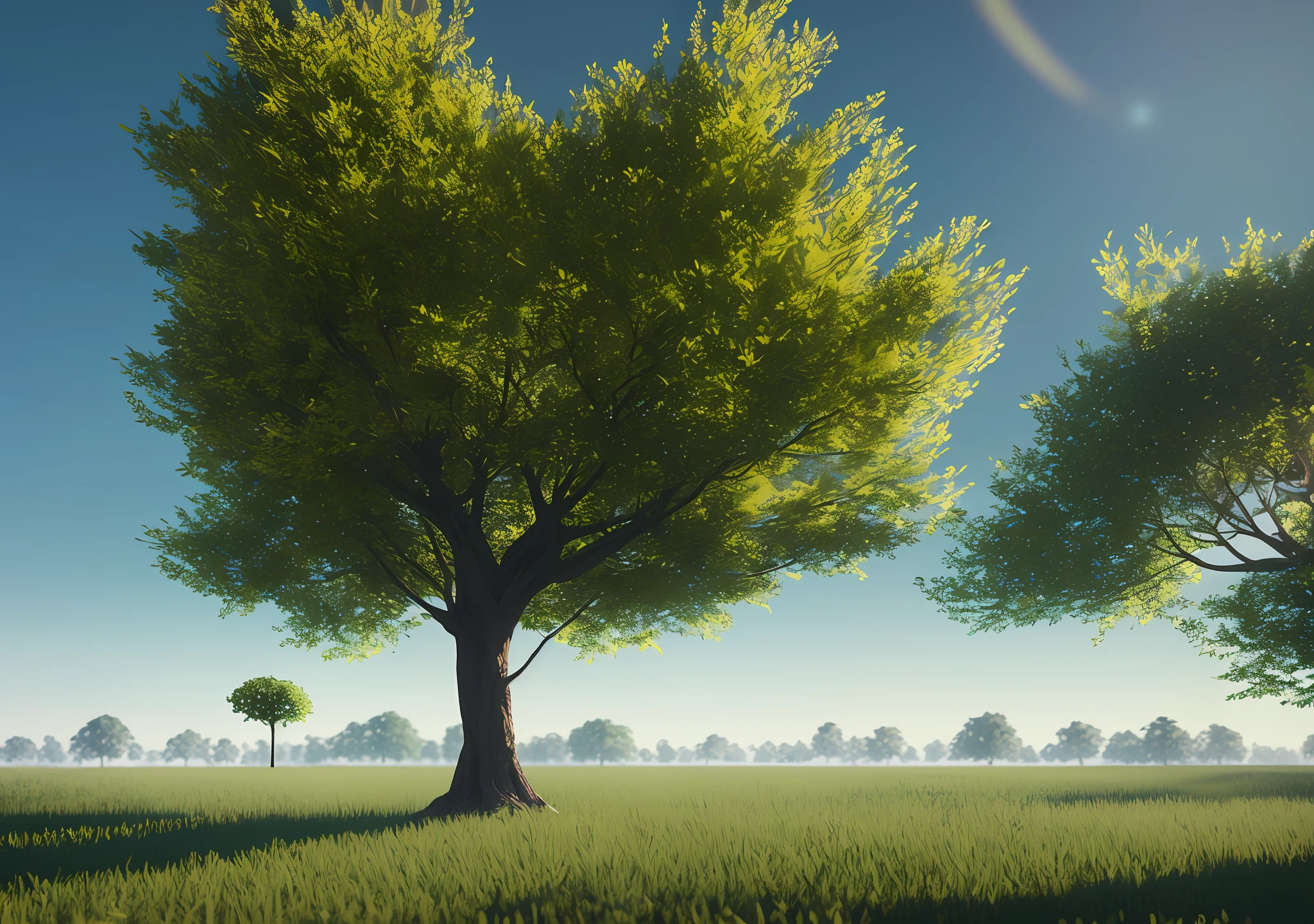 single tree in calm landscape, Photorealistic,extremely detailed, Intricate, sunny atmosphere, octane render