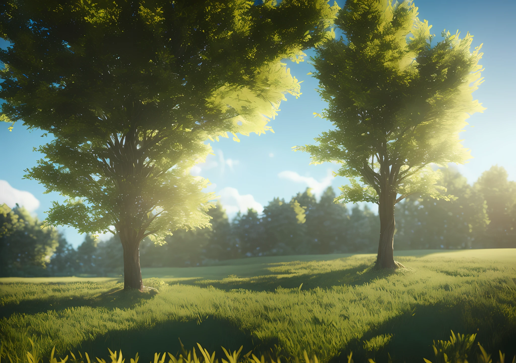 single tree in calm landscape, Photorealistic,extremely detailed, Intricate, sunny atmosphere, octane render