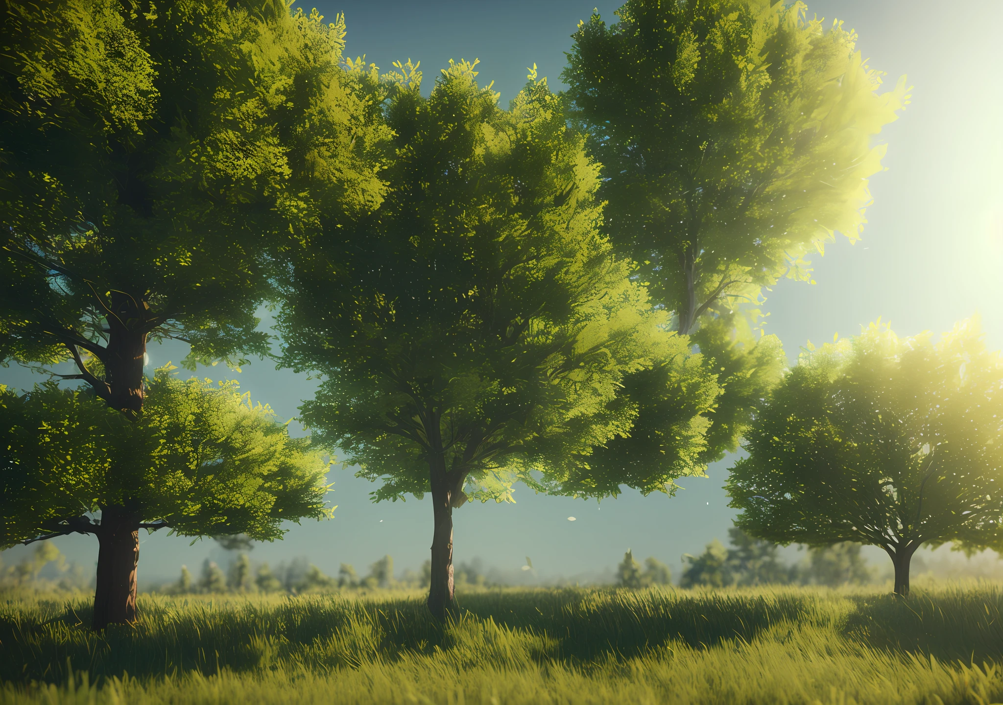 single tree in calm  landscape, Photorealistic,extremely detailed, Intricate, sunny atmosphere, octane render