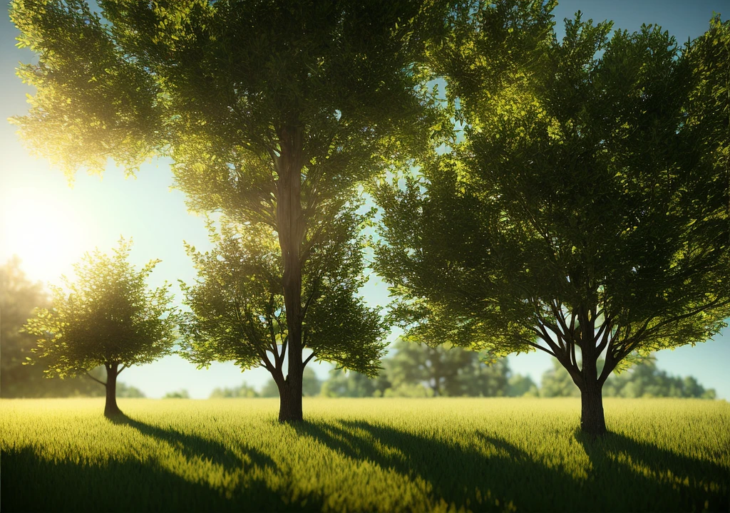 single tree in calm landscape, Photorealistic,extremely detailed, Intricate, sunny atmosphere, octane render
