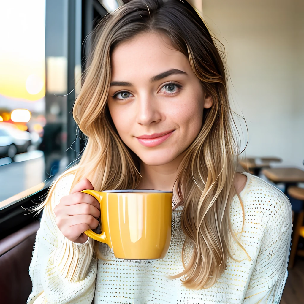 cute beautiful blonde wearing yellow sweater (drinking coffee inside a modern cafe at sunset), very detailed, 21 years old, inoccent face, natural wave hair, blue eyes, high-res, masterpiece, best quality,intricate details, highly detailed,sharp focus, detailed skin,realistic skin texture,texture, detailed eyes, professional, 4k, charmer smile, shot on Canon, 85mm,shallow depth of field,kodak vision color, perfect fit body, extremely detailed, photo_\(ultra\), photorealistic, realistic, post-processing, max detail, roughness, real life, ultra realistic, photorealism, photography, 8k uhd, photography