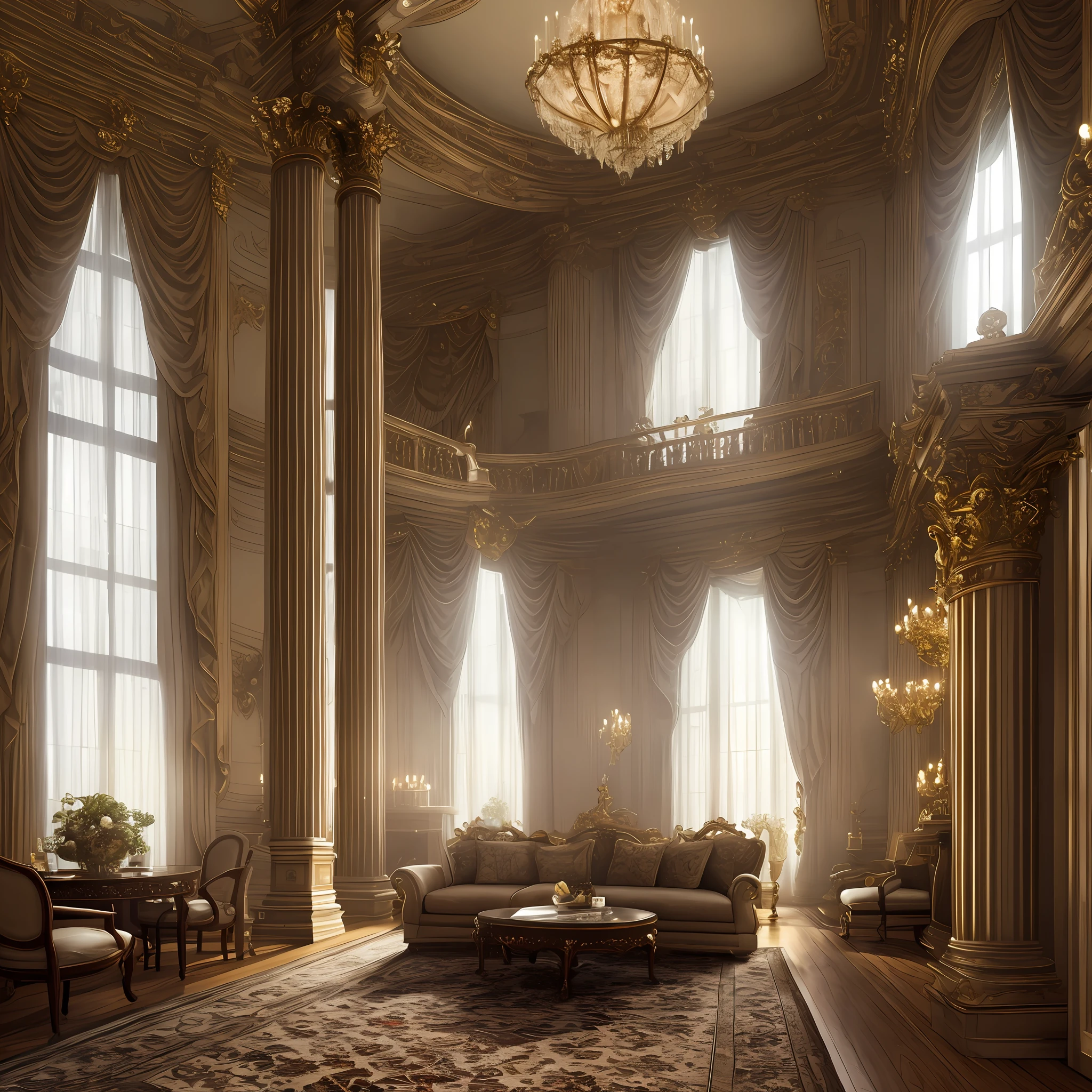 Amazing masterpiece, high quality, stunning detail, 8k ultra-high resolution wallpaper, presenting a stunning view of a room with columns and a clock on the wall, with a dynamic angle capturing all its architectural beauty and its vintage charm. The treatment of lighting and shadows, added to the attention to detail, create a magical and unique atmosphere that will transport you to another time and place.