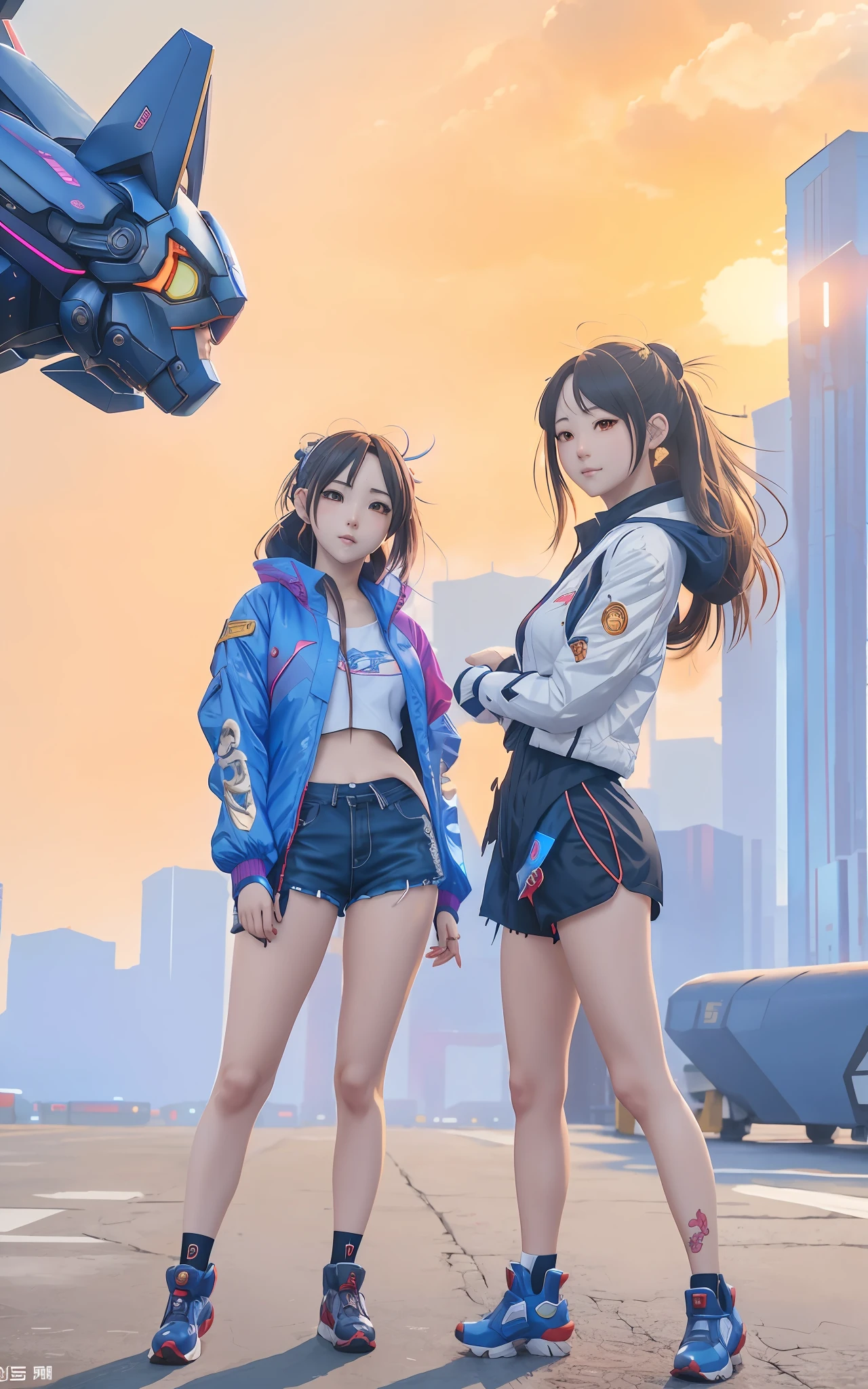 anime girl in short shorts and jacket standing next to giant robot, artwork in the style of guweiz, cyberpunk anime girl mech, trending on cgstation, guweiz, by Russell Dongjun Lu, digital cyberpunk anime art, ross tran 8 k, guweiz on artstation pixiv, girl in mecha cyber armor