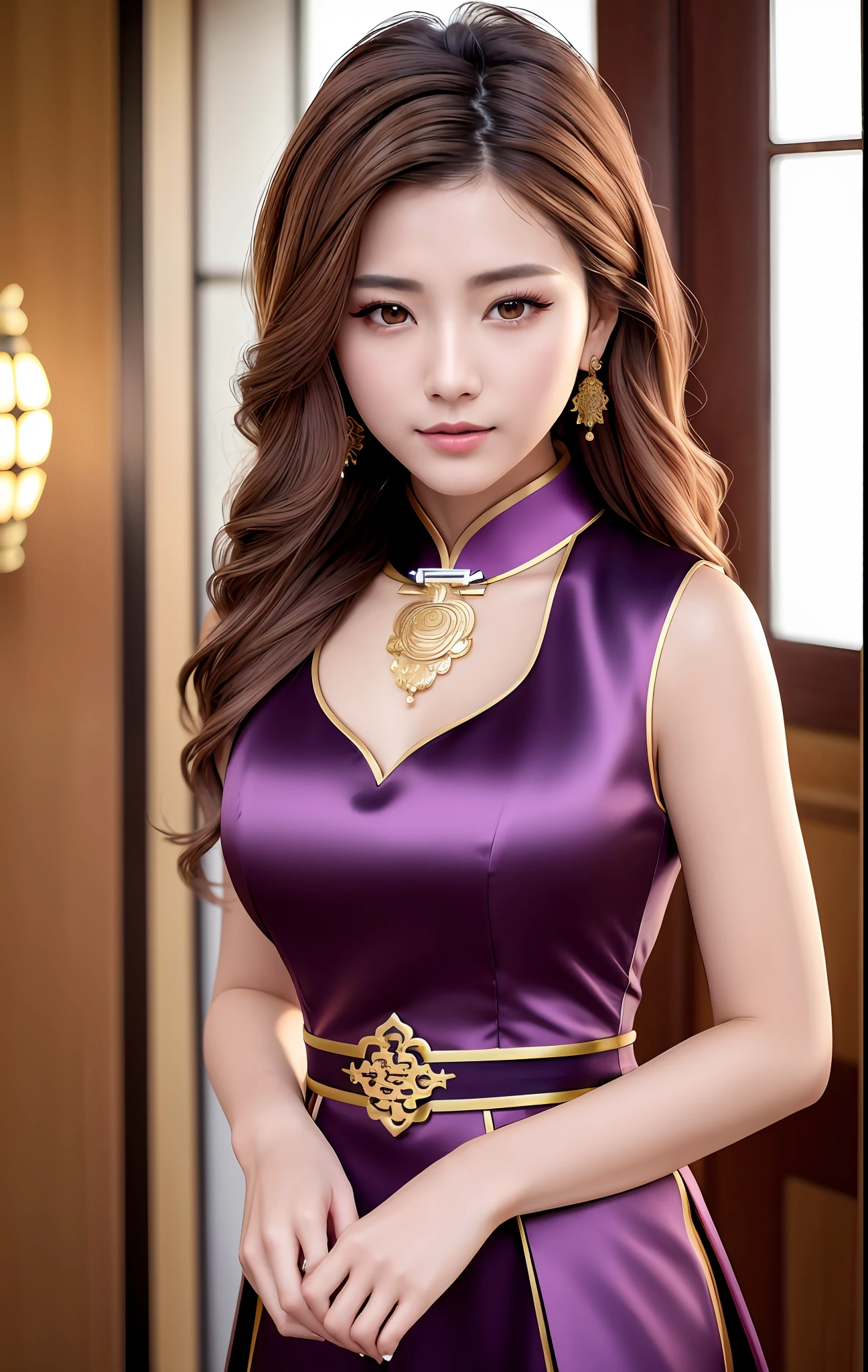 best quality, masterpiece, high_res, 1girl, hair ornament, necklace, jewelry, Beautiful face, tyndall effect, photo realistic, rim lighting, two tone lighting, (high detailed skin:1.2), 8k uhd, dslr, soft lighting, high quality, volumetric lighting, candid, Photograph, high resolution, 4k, 8k, Bokeh, medium breasts, absurdres, light brown hair color, purple eyes color, traditional chinese dress,