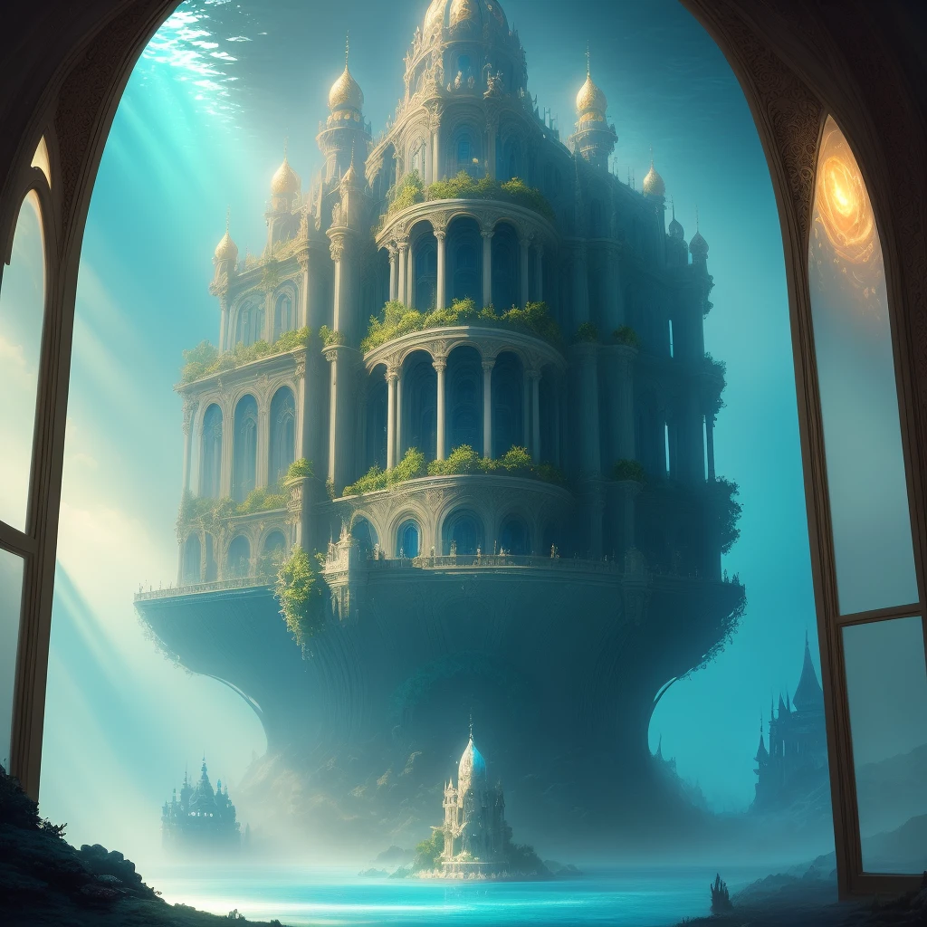Masterpiece, best quality, movie stills, underwater world, beautiful palace full of fantasy, dreamlike, deep sea, deep, ethereal, aesthetic, fantasy, fantasy, concept art